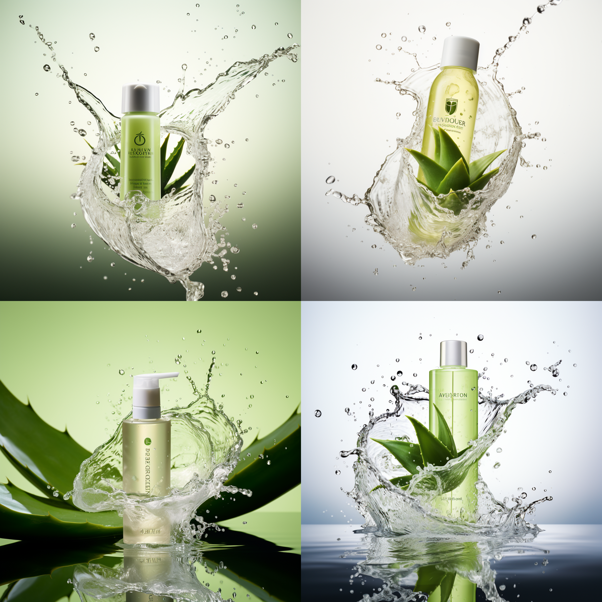 白色洗面奶产品包装，动态摄影，水面溅起水花，产品周围环绕芦荟乳液，切开的新鲜芦荟，浅黄色背景，干净的背景，细节精细，光影结构分明，高速快门，暖色调，自然光，产品突出，清新感。