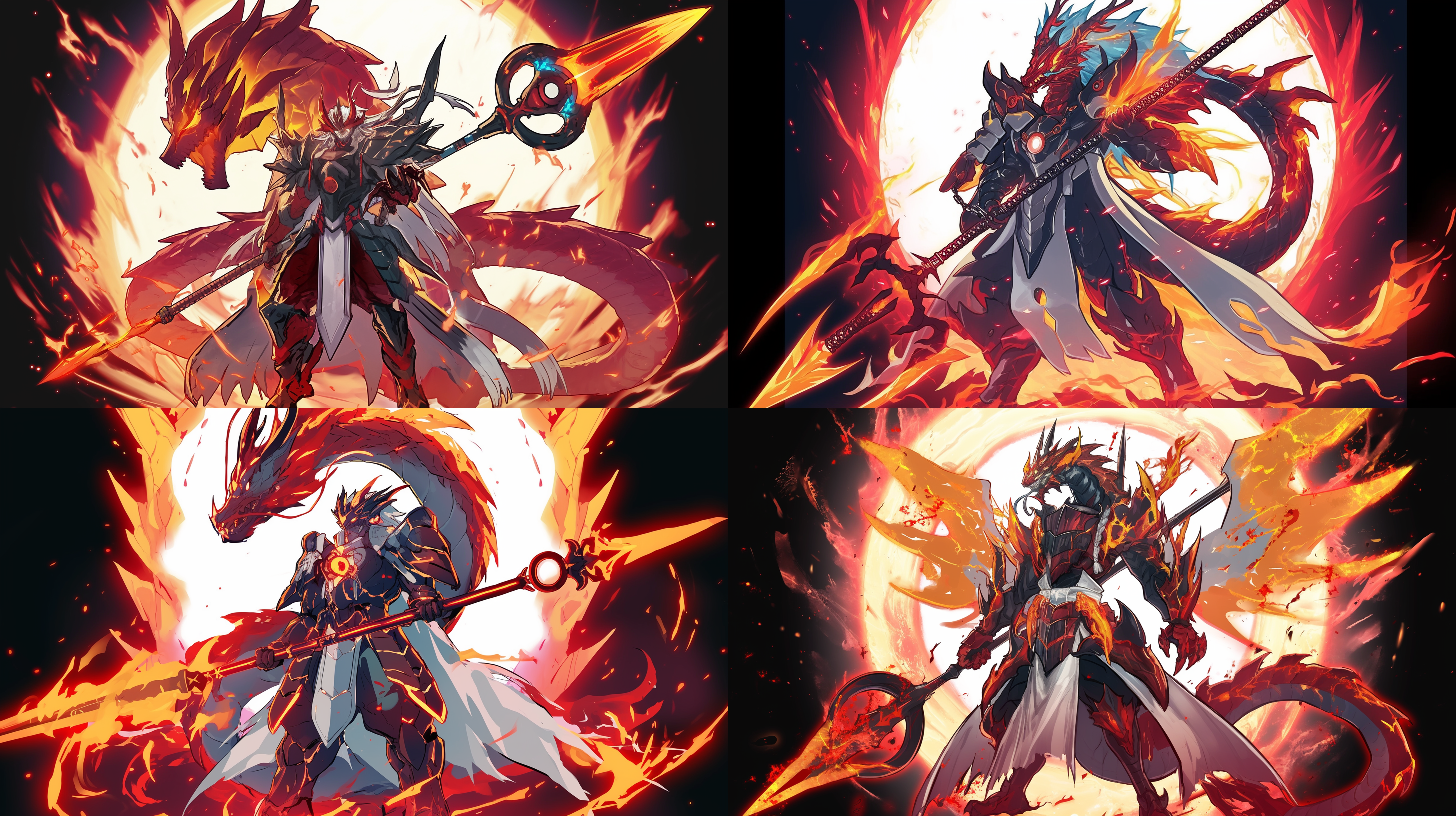 红色巨龙武士，手持三叉戟，威严霸气，宇宙背景，无限力量，正面全身，暗黑风格，红色与黑色对比，长焦镜头，背光，动态捕捉，坚定眼神，强烈情感。