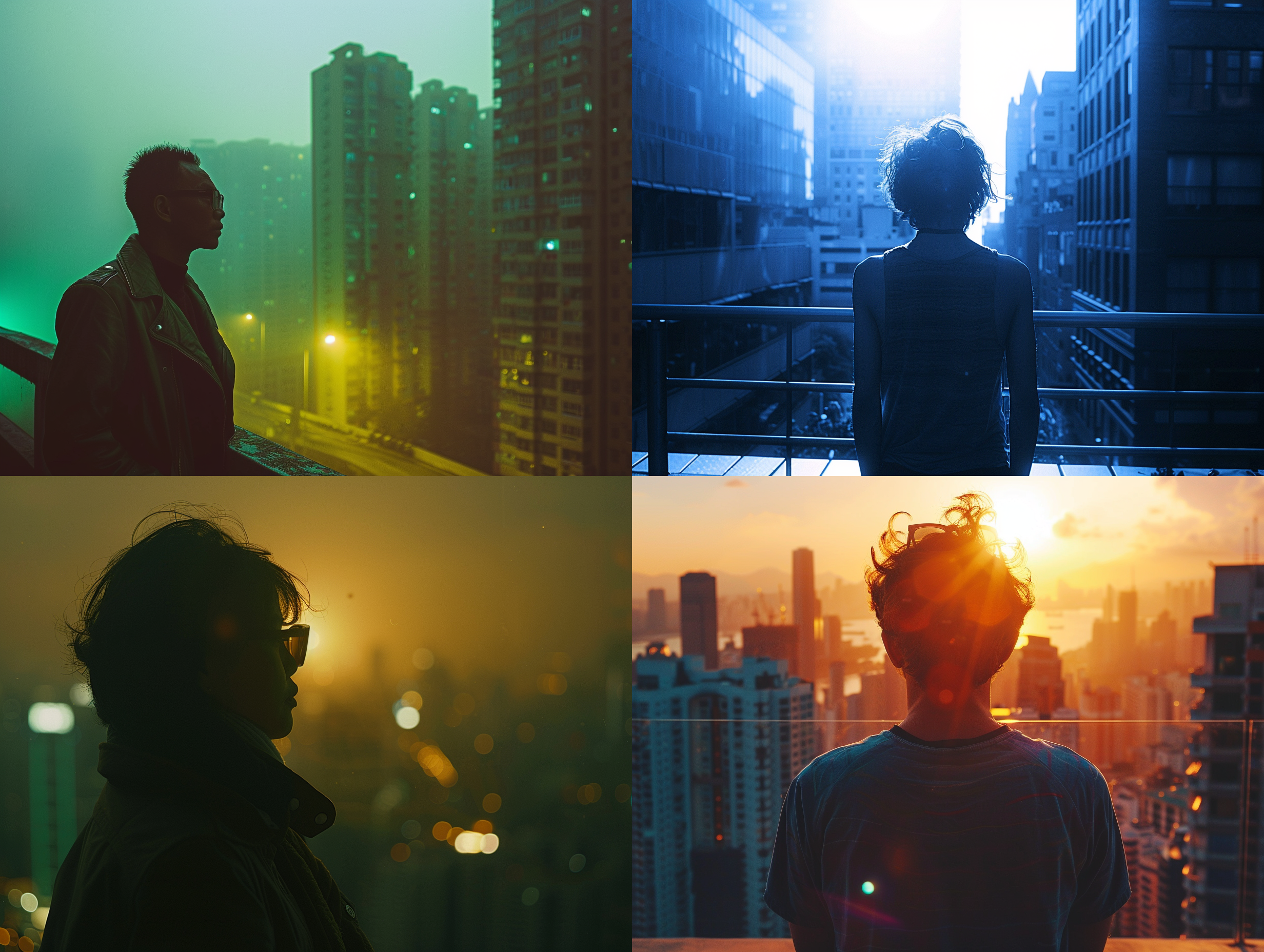 一个人站在高楼的阳台上，远处是绚丽的城市夜景。他戴着墨镜，脸上带着忧郁的表情，仿佛看不清眼前的美景。构图对称，摄影风格黑白胶片，长焦镜头逆光，静态姿势，高层建筑，抽象感，冷色调，内心迷茫。 高楼，城市夜景，镜，忧郁，对称，黑白胶片，长焦镜头，逆光，静态姿势，高层建筑，抽象感，色调，内心迷茫。 园林 全景长卷轴 太阳光 自然绿 人物视角