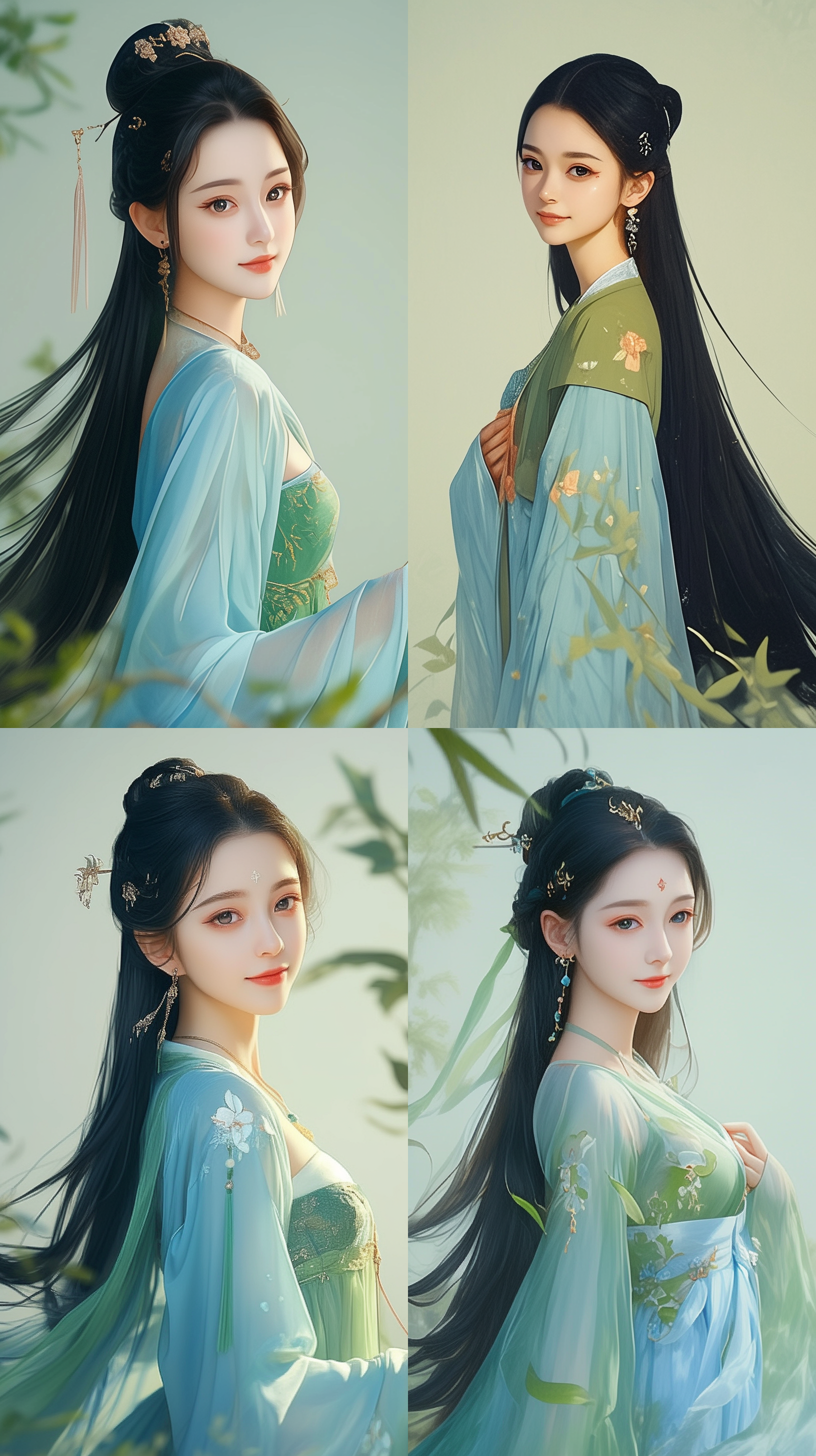 工笔画女孩，黑色长发，绿色汉服，珠宝纠结，圆脸，全身像，三视图，正面，侧面，背面，仙气飘飘，极简主义，几何形状，哑光浅绿背景，新流行插图风格，俏皮可爱，青春少女, 灵动好奇，轻盈步伐，卡通人物，特写头部，细腻线条，柔和光线，各种姿势和表情，夏天，清晰，干净的图像，清晰的图像，明亮的光线，丰富的细节，高清晰度，震撼的场景，大场景，宽视野，3d仙侠游戏风格， id:1802259060557352960