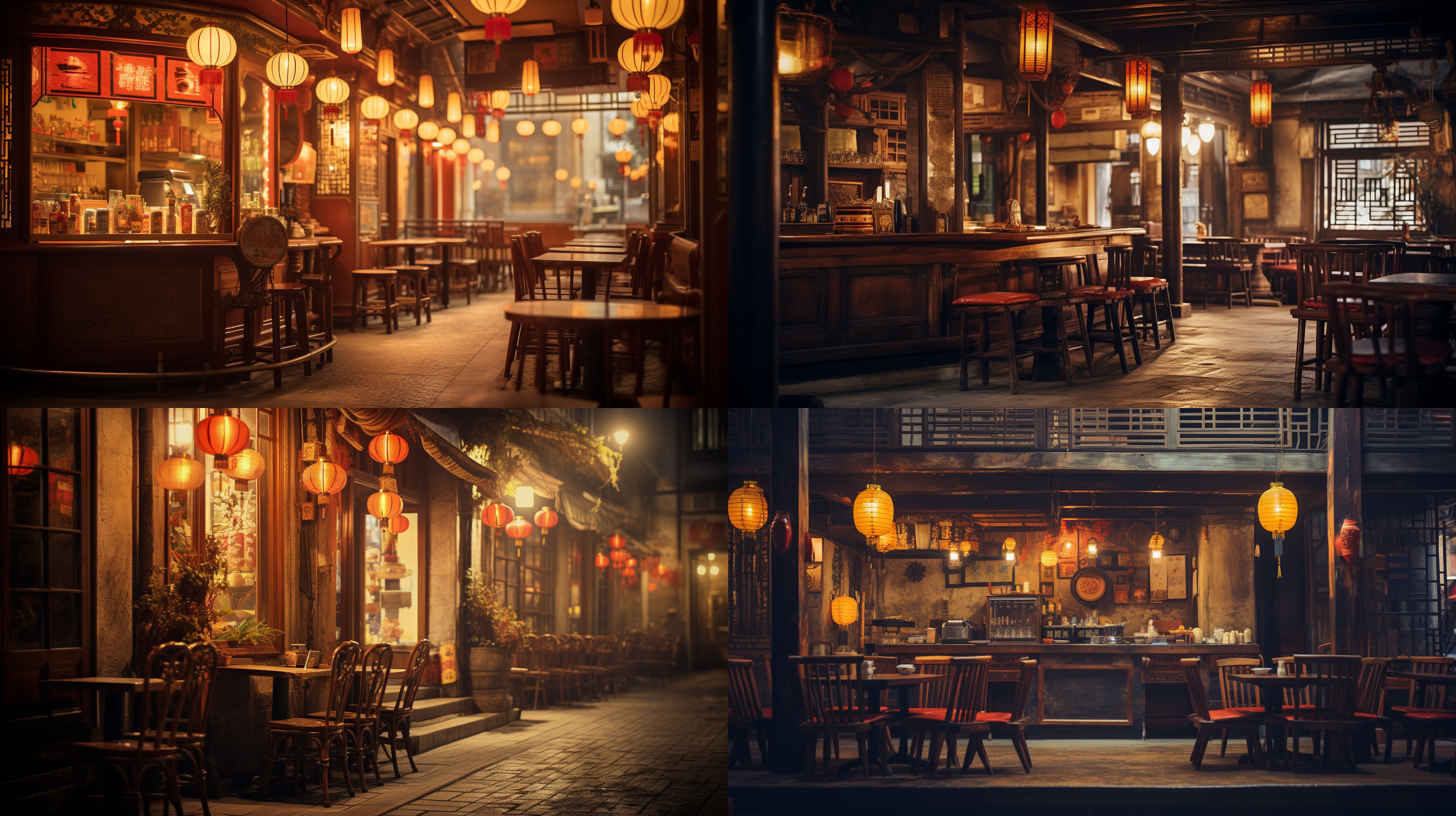 老上海风格餐厅，复古装饰，昏黄灯光，木质家具，狭窄街道背景，长曝光，低角度，暖色调，人物穿着旗袍，微笑，怀旧情绪，细节丰富，胶片质感。