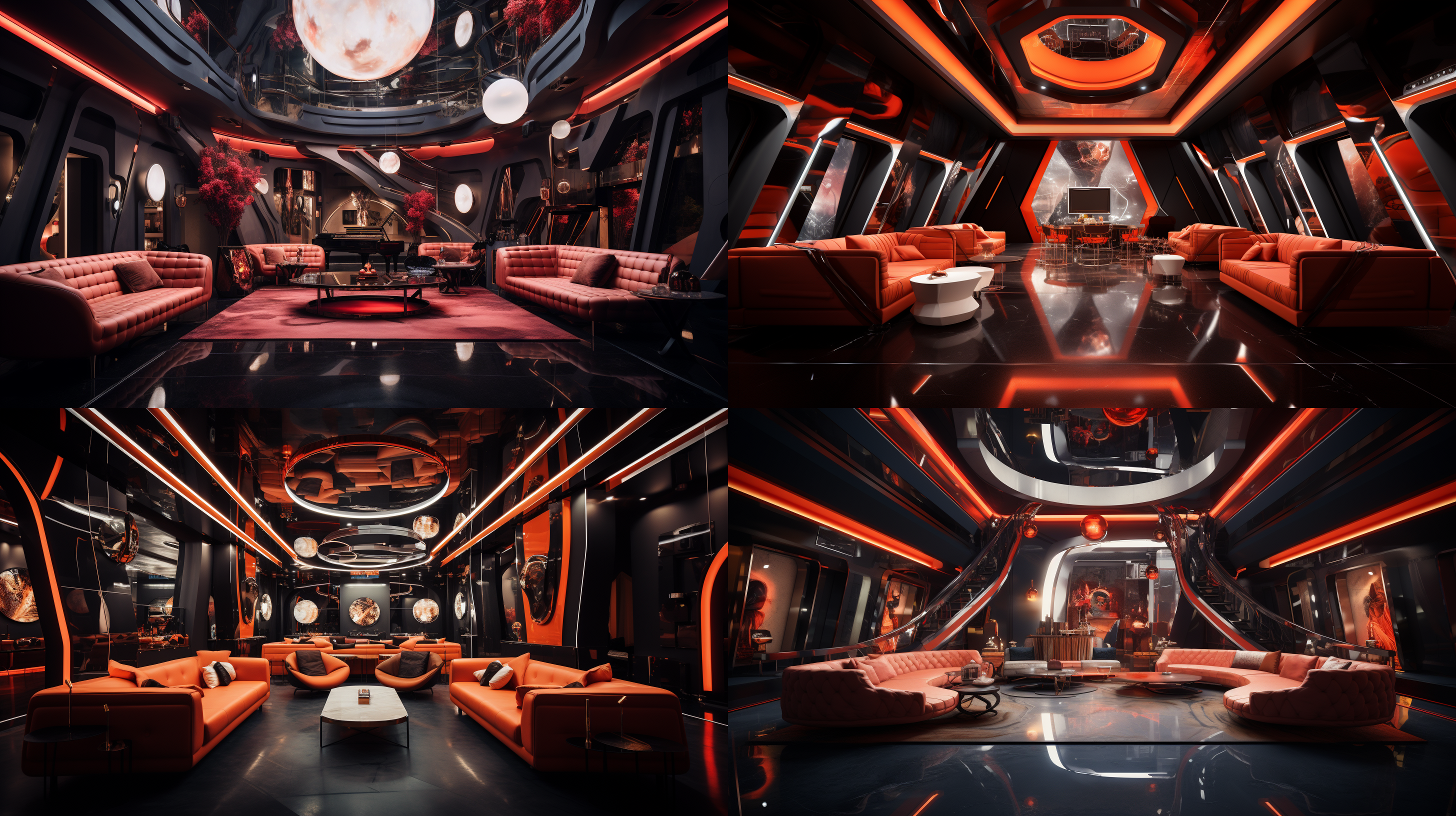 室内ktv包间，镜头两侧和对面豪华沙发，商务风，对称布局，明亮空间，吊顶摇头灯，造型简约大气，奢华大理石地面，舒适氛围，璀璨灯光，两侧led电子屏，真实感，香槟，广角镜头，高清画质，2k，3d corona渲染，超细节。