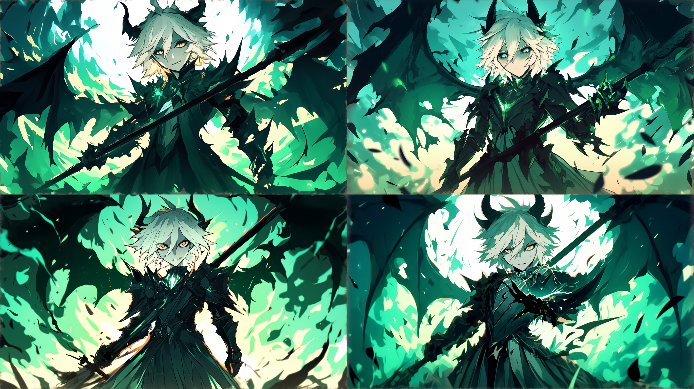 恶魔之王手持长枪，全身压迫感，墨绿色铠甲，横扫千军，战场，狂傲，金色瞳孔，咆哮，低角度拍摄，暗黑风格，冷色调，长焦镜头，逆光，动态模糊，力量感，恐惧。