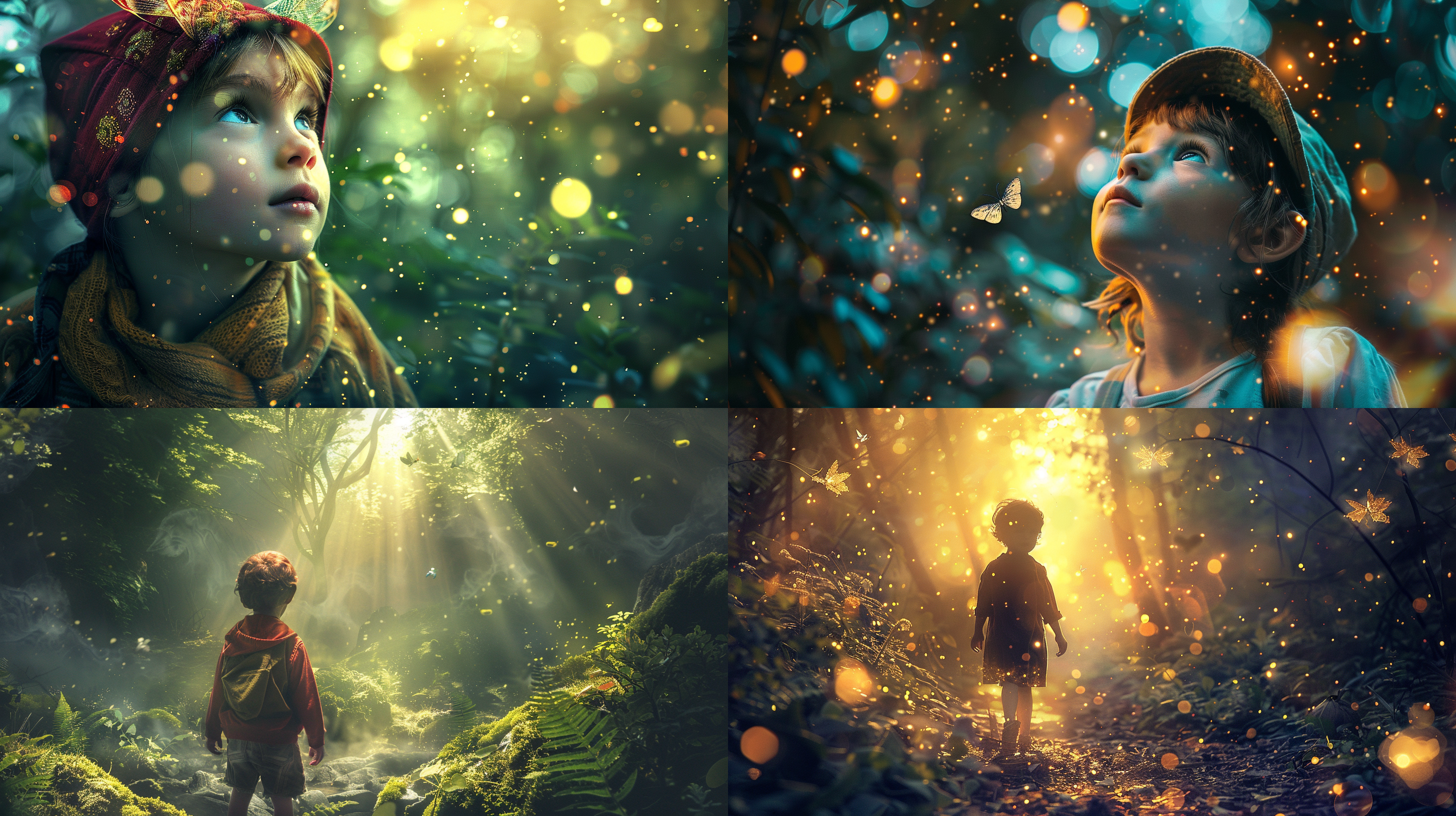 cover of a children's fantasy journey, with a dreamy forest background, child protagonist, dressed for exploration, curious expression, looking up angle, soft lighting, colorful, long focal length, shallow depth of field, mysterious atmosphere, sense of anticipation.,,in clothes