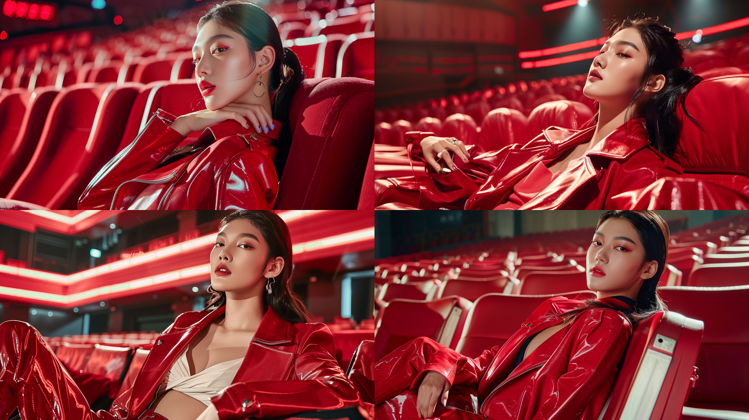美女穿红色亮面夹克，妆容精致，坐电影院椅，中景镜头，超高清，红色氛围背景，自然光，微笑，专注，时尚，现代感，柔和光线，细节清晰。