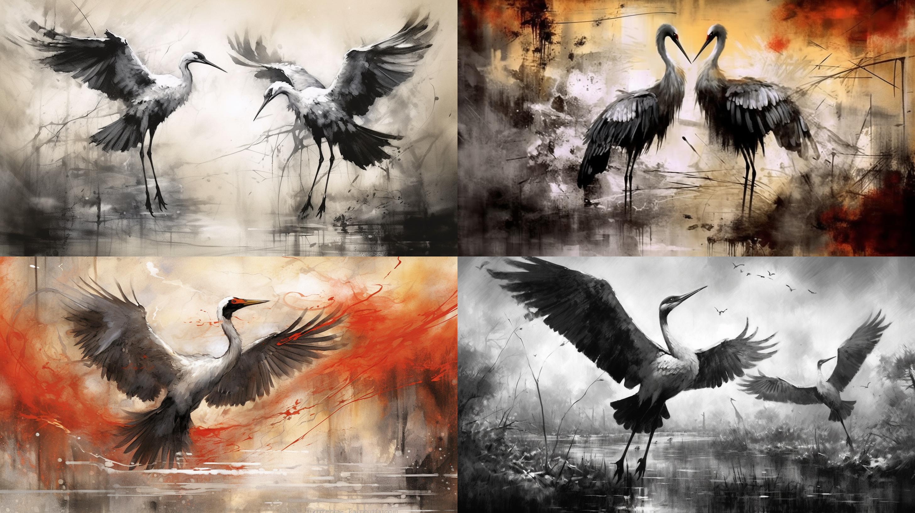 中国画仙鹤多动态，泼墨写意，笔触奔放大胆，全景构图，多留白，黑白水墨效果，动态捕捉，深浅对比，自然环境，传统与现代结合。