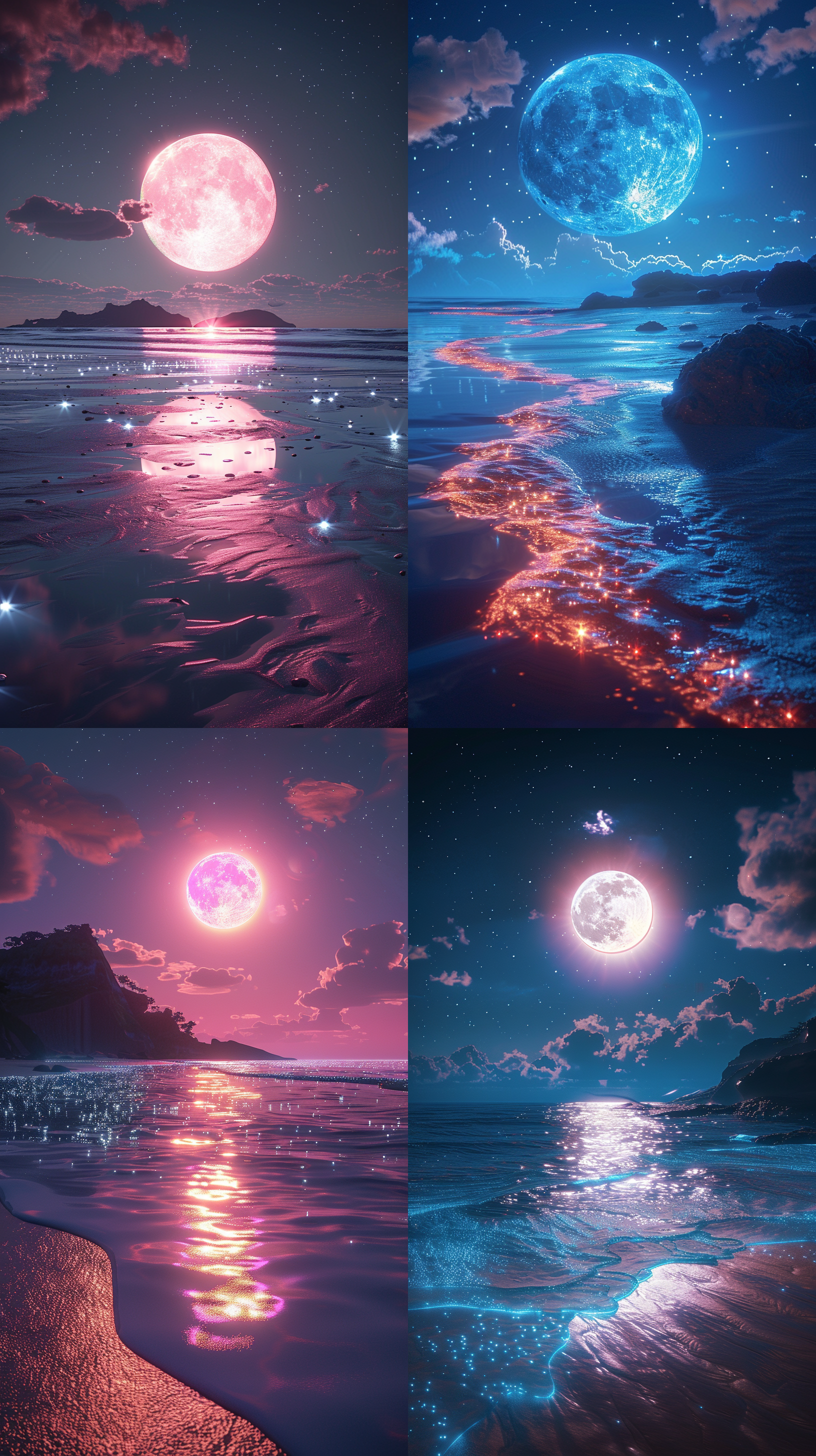 夜晚海滩，蓝粉荧光覆盖，巨大月亮，精灵光，星辰，日斑，荧光海洋，金色沙滩闪耀，月光下的星空，迈克尔·詹姆斯·史密斯风格哑光画，倒影，cg渲染，体积光，太空艺术，生物发光，虚幻引擎5，光之魔法，虚幻引擎渲染，超广角，高清。