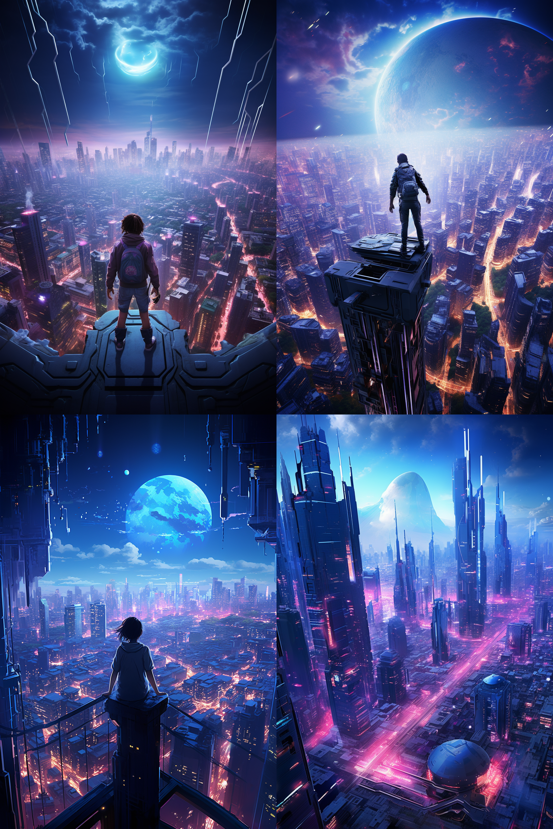 赛博朋克风格，高楼顶部，跳跃在空中，眺望远方城市，城市高楼大厦林立，空中穿梭飞行器，科技元素丰富，全息屏幕闪烁，冷色调，长曝光，夜景，广角镜头，顶光，未来感，孤独。