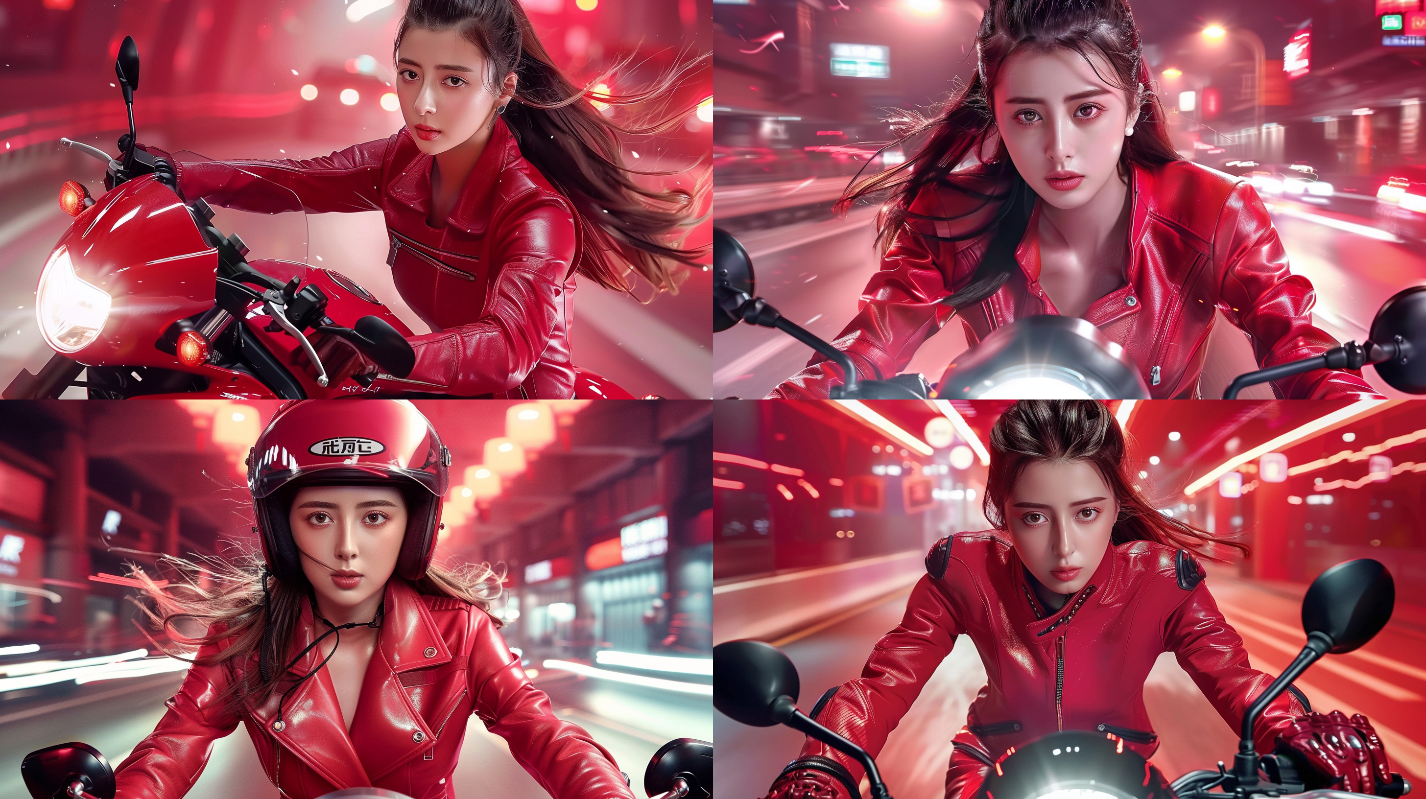 美女骑机车，红色亮面骑行服，精致妆容，中景镜头，超高清画质，红色氛围背景，动态模糊，侧光，自信表情，速度感，鲜艳色彩。
