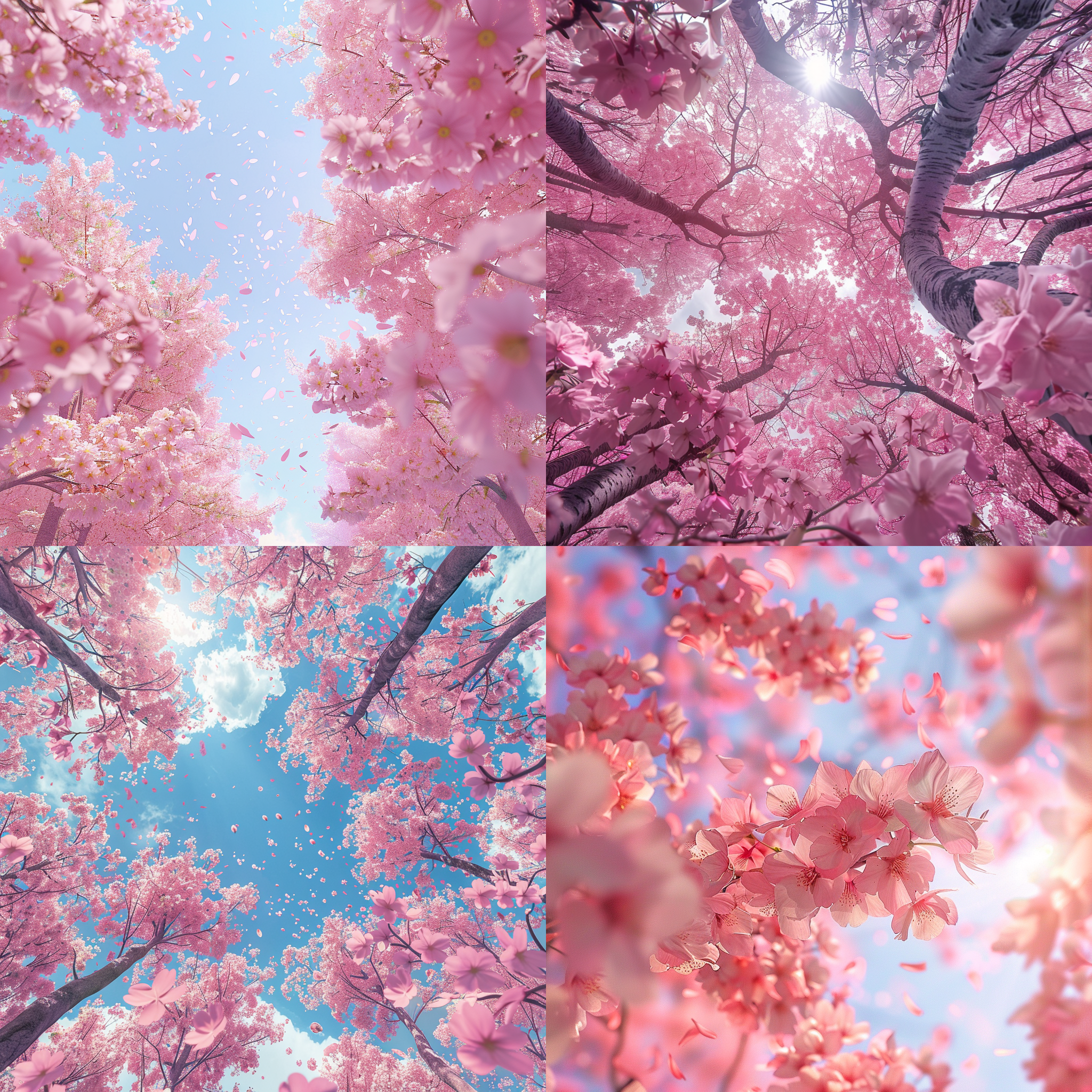 樱花林，樱花盛开，无边际，周围环绕着花瓣随风飘散，高清，视觉盛宴，清新自然，柔和舒适，细节丰富，仰视角度