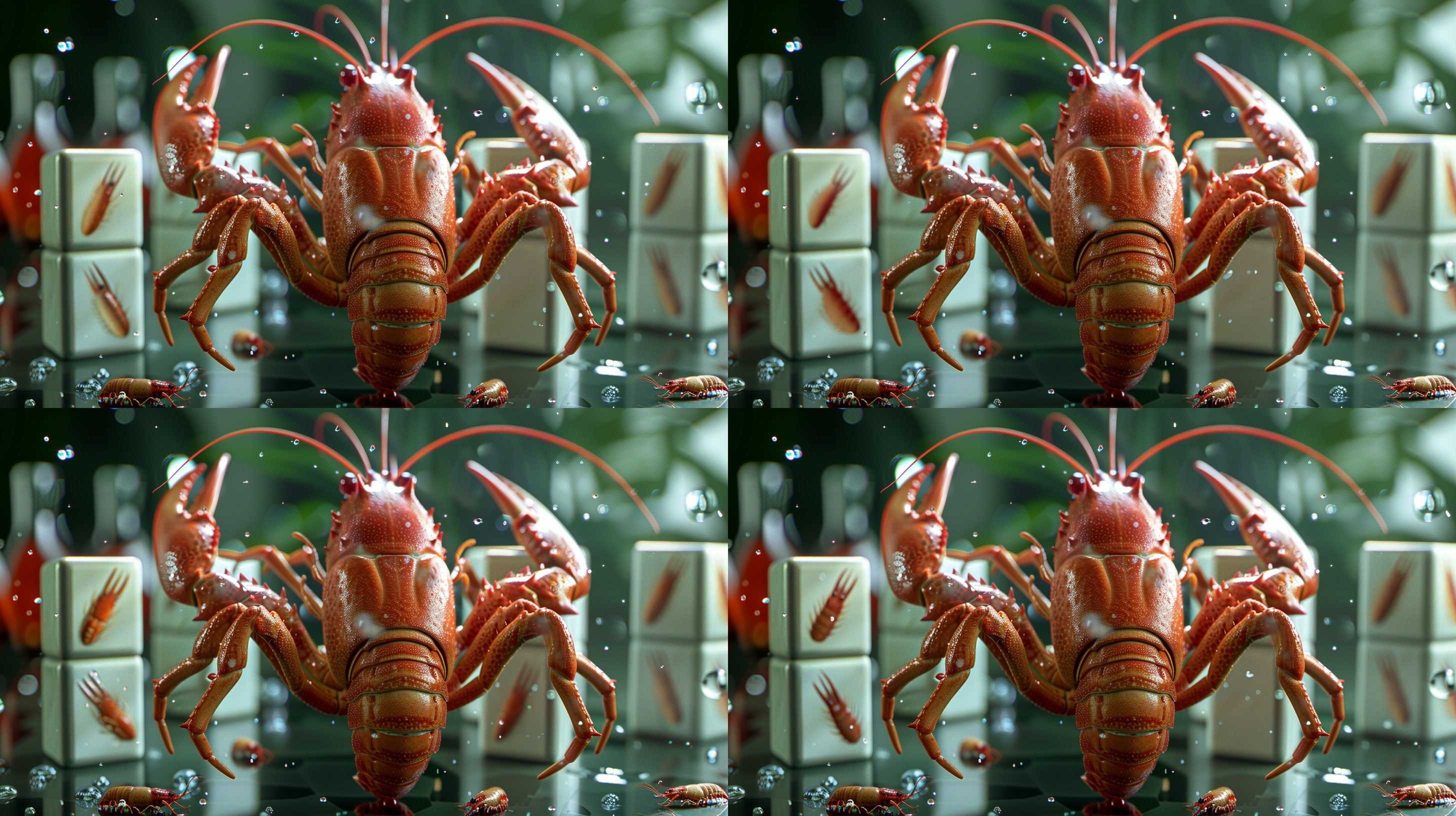 麻将牌与小龙虾，桌上游戏场景，清新夏日风格，水彩画效果，柔和阴影，静物拍摄，微距镜头，清爽，侧光，细节丰富，趣味性，和谐。动画艺术，虚化，麻将。 动画艺术 虚化 麻将