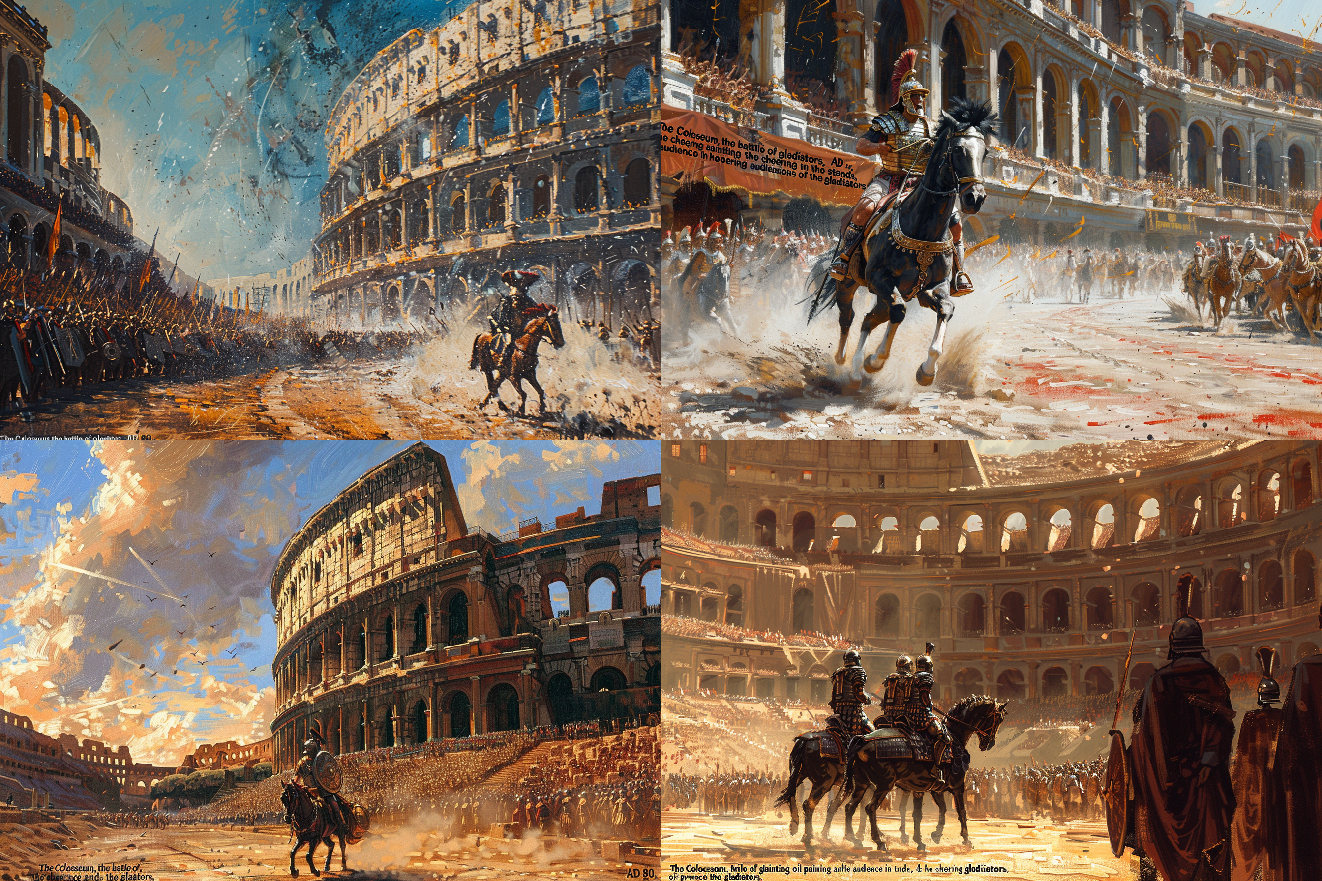 请根据罗马历史描绘的故事画一幅画，内容是"罗马斗兽场，角斗士的战斗，公元80年，油画，观众席上的欢呼，角斗士表情勇猛。" "，作品构图大气磅礴，色彩厚重热烈和冷峻，细节描绘，大师塞尚风格，最高质量，电影光效果