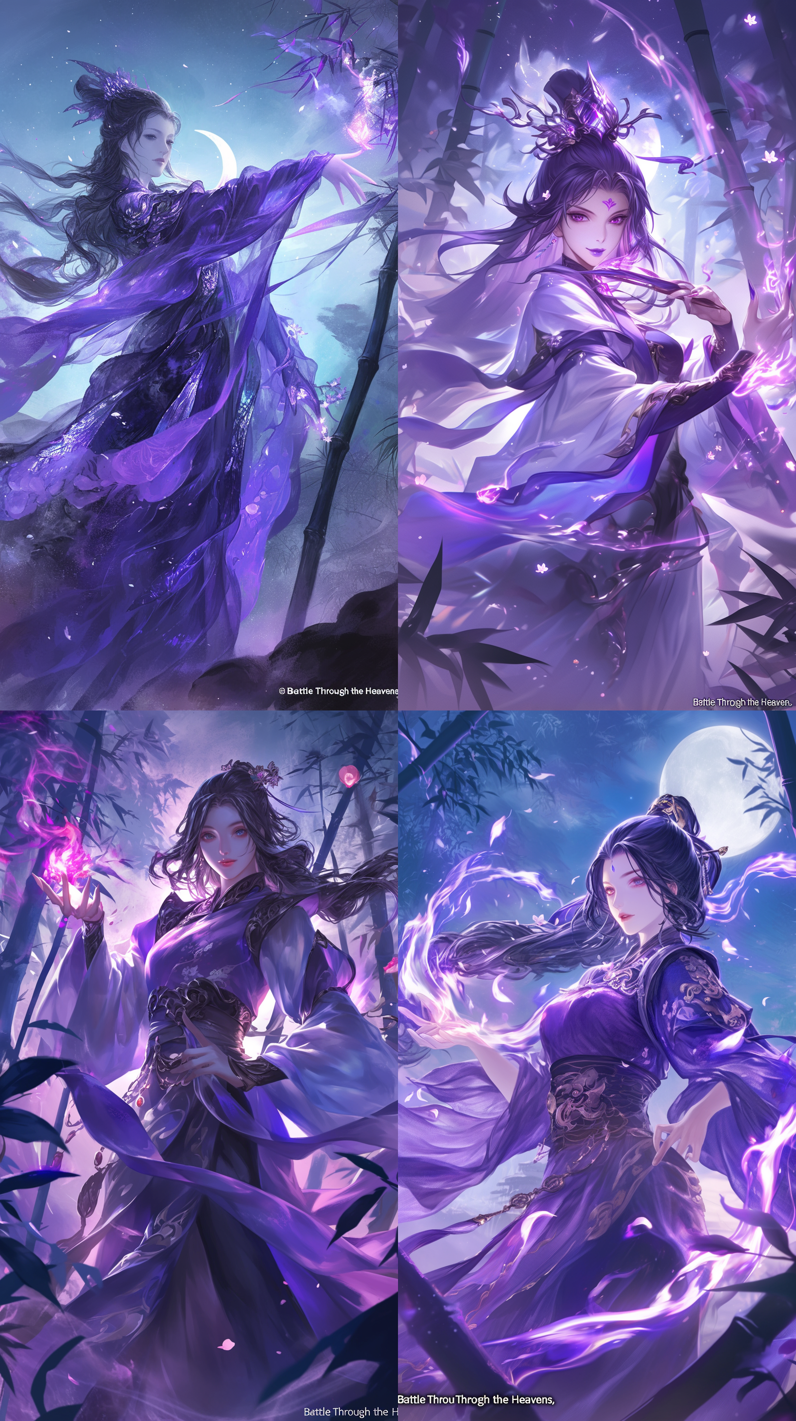 紫妍，斗破苍穹中的独特存在，身着紫色轻纱，长发如瀑，晶莹的眸子中闪烁着智慧之光。她在月华笼罩的竹林间，轻轻挥动手中药鼎，炼药之火如霓虹般斑斓。画面采用东方水墨风格，烟雾缭绕，光影斑驳，营造出神秘而宁静的氛围。低角度镜头，月光自上而下洒落，映照她清丽无双的面庞，更显仙姿出尘。