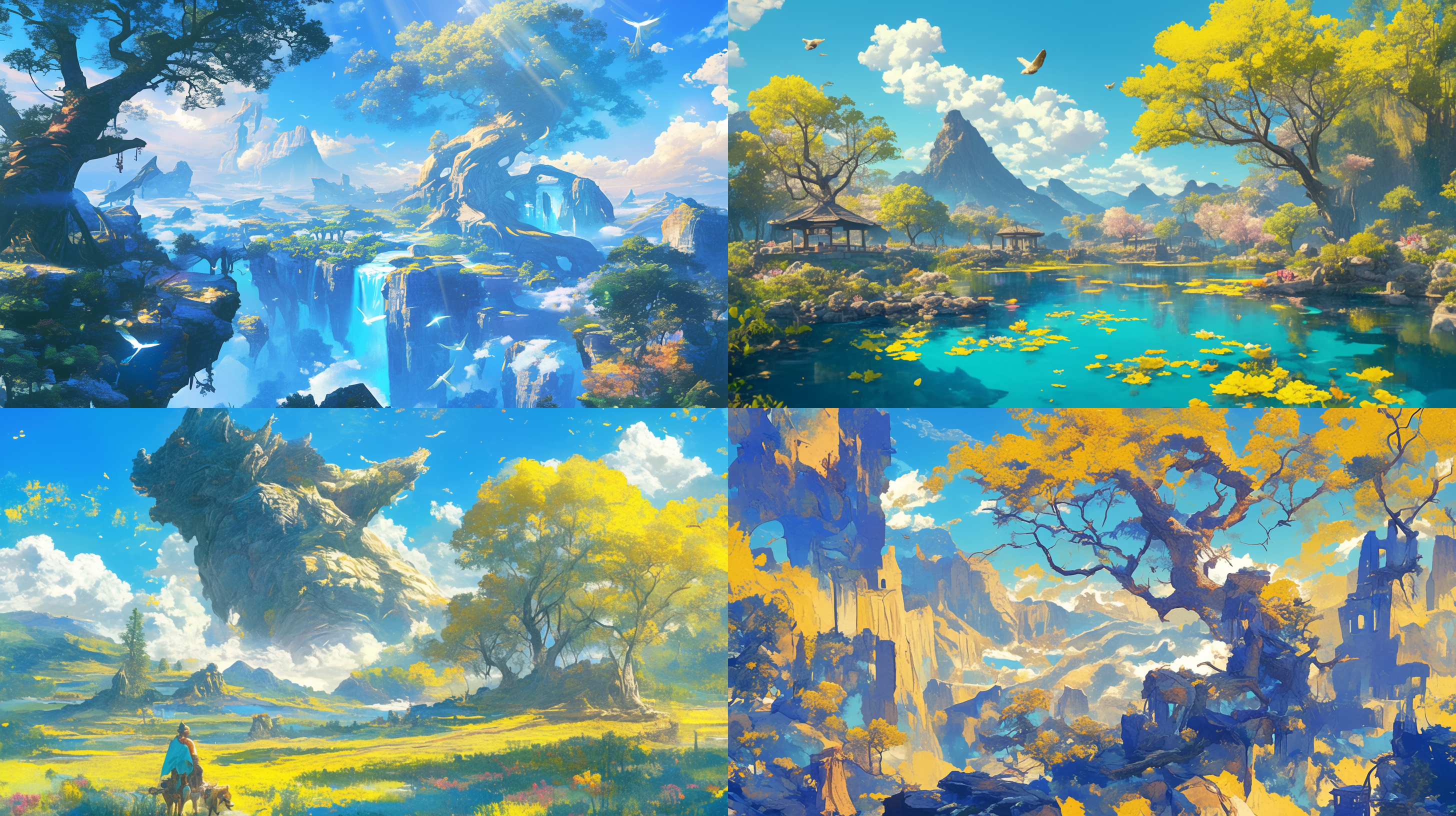 超现实主义古朴生态场景，精湛绘画风格，山水天空融合，树木，鲜艳对比色彩，电影级全景镜头，春天气息，黄蓝调，优雅精致细节，虚幻cg社会，令人叹为观止的数字艺术，高分辨率，自然光，宽视角，细腻纹理，和谐色调，梦幻氛围。