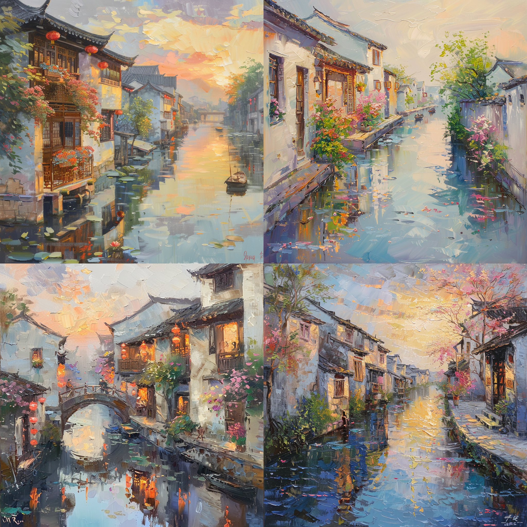 印象派风格油画，中国水乡风景，真实明亮的色调，低纯度色调，大量笔触，平稳构图，9:16画幅，开花的植物，日落光影，1080×1920像素，柔和光线，细腻笔触，温暖色彩，宁静氛围。