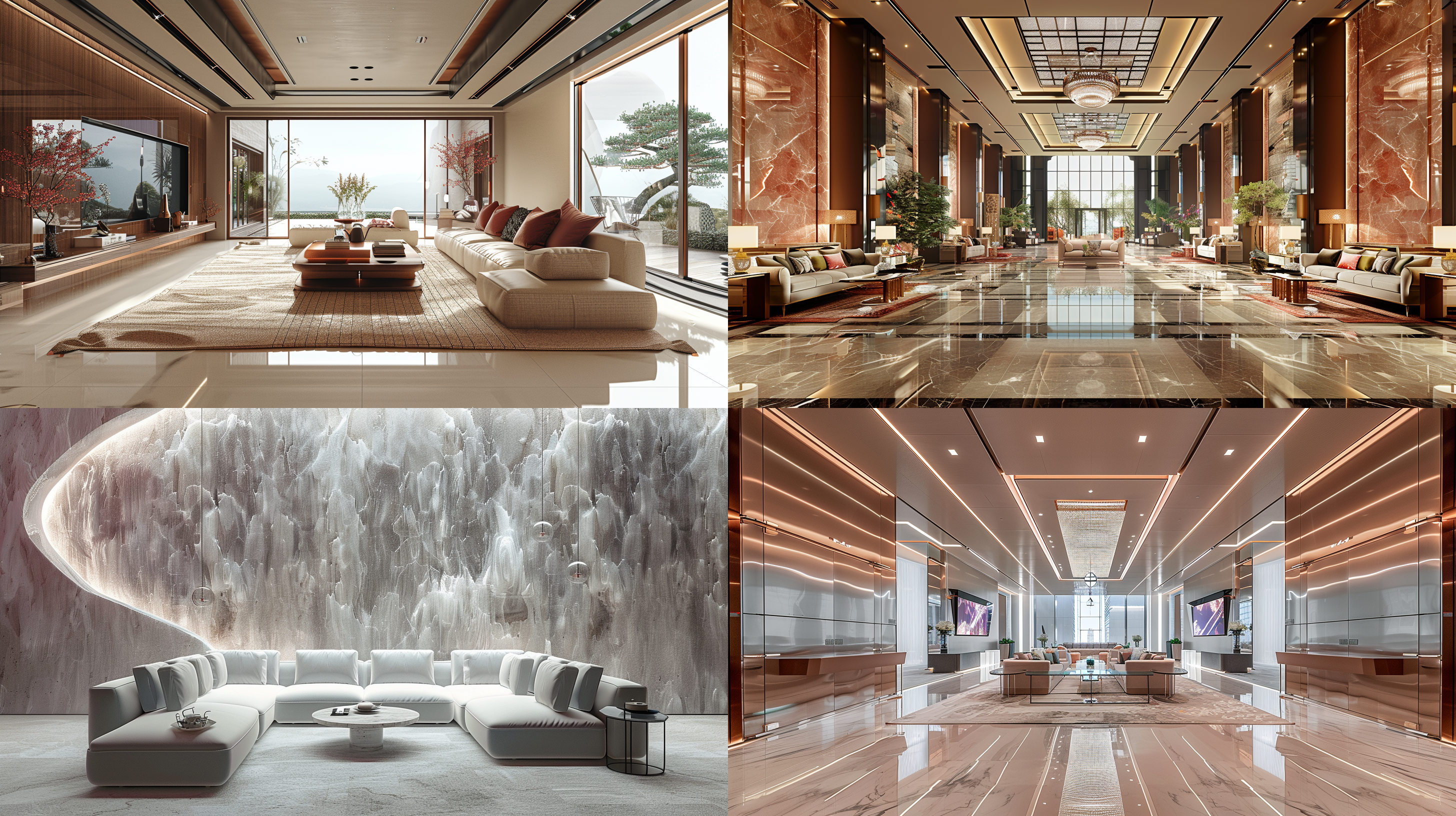 轻奢豪华包房，浅色大理石地面，明亮柔和灯光，简约大气设计，无窗，夸张吊顶墙面造型，沙发茶几单椅，精致美学优雅，正大视角，细节高清，室内摄影，自然光效，广角镜头，低饱和色调，静谧氛围。