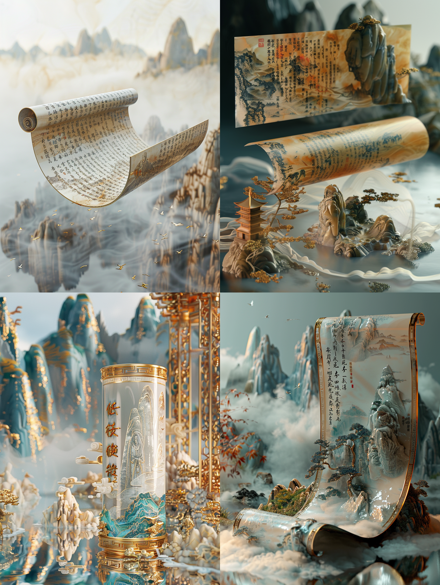 china-chic style, gold and silver tone, 3d chalcedonycarved , an open scrool floating in the air, with someancient characters on it. on the unrolled scrol stoodan ancient poets, with illustrations of mountains ancrivers in the background.delicate, rich color palettechinese ancient minimalism, macro perspective, 3d, ocrendering, surreal details, fantasy, high resolution andultra-high definition