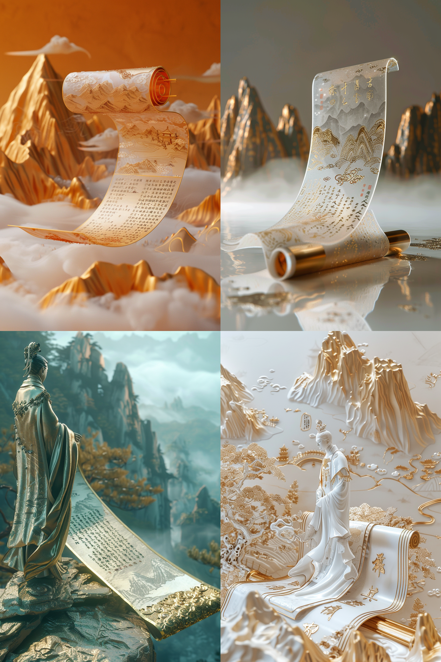 china-chic style, gold and silver tone, 3d chalcedony carved , an open scrool floating in the air, with some ancient characters on it. on the unrolled scroll stood an ancient poets, with illustrations of mountains and rivers in the background.delicate, rich color palette, chinese ancient minimalism, macro perspective, 3d, oc rendering, surreal details, fantasy, high resolution and ultra-high definition