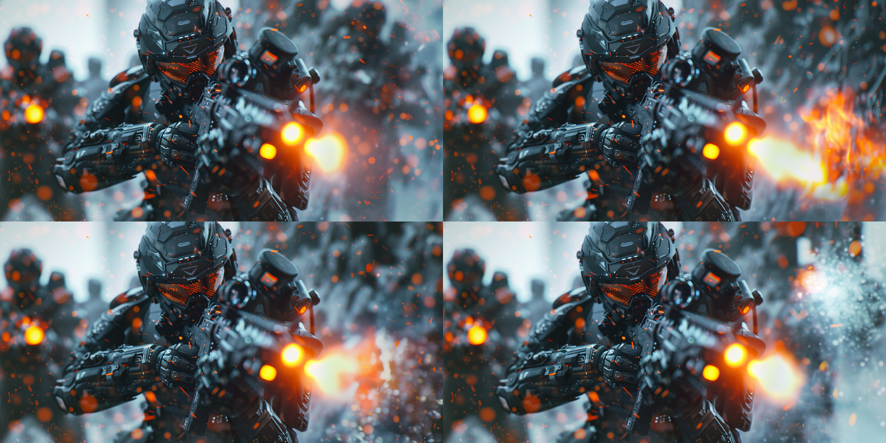 士兵特写，近景，科幻装甲，奔跑射击，高科技激光武器，枪林弹雨，火焰，金属质感，科幻风格，动态模糊，高光反射，冷色调，快速快门，紧张氛围。