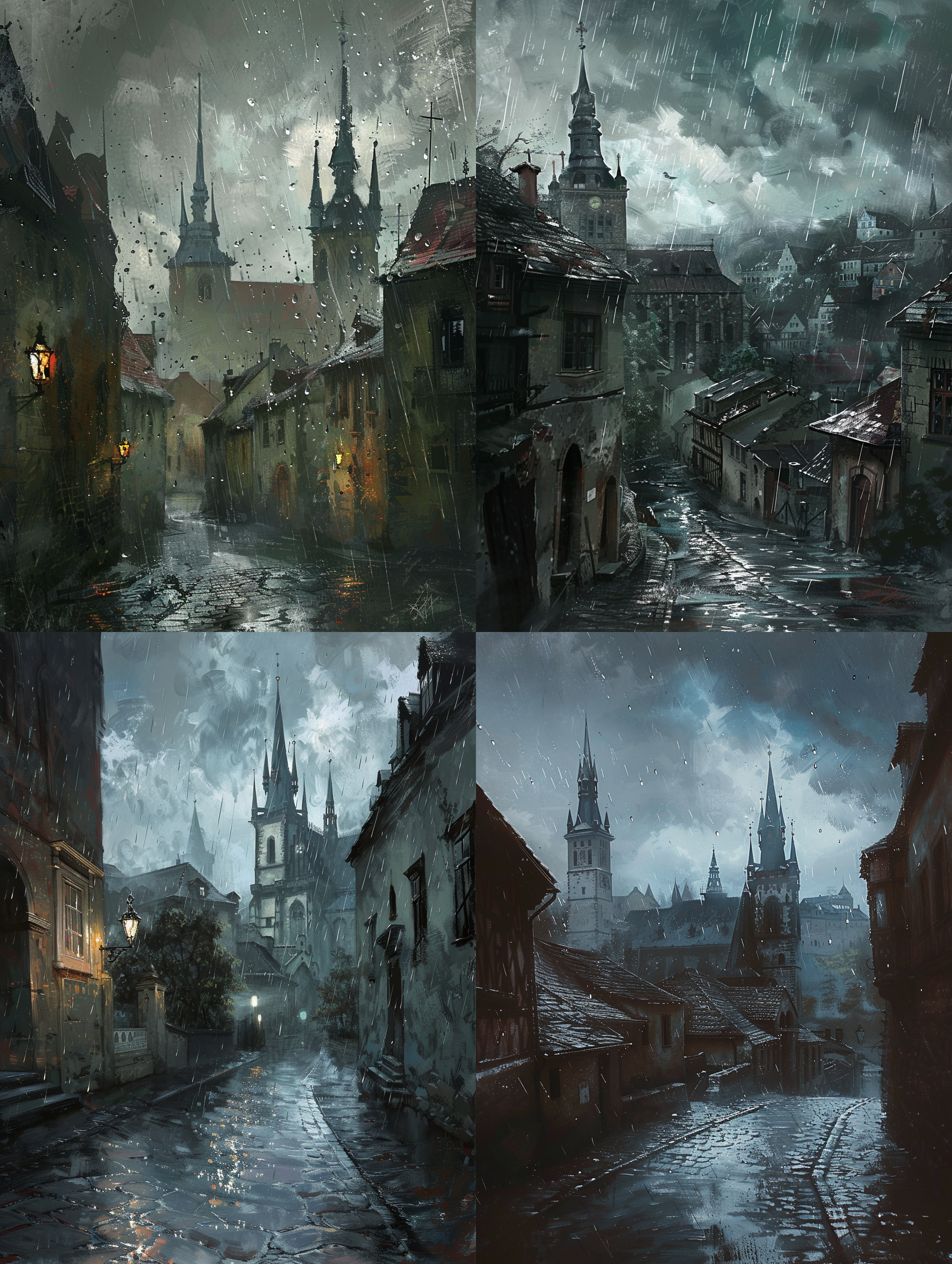 阴郁的天空笼罩着古老的小镇，铅灰色的云层厚重而低垂，仿佛即将触碰到尖顶的教堂塔楼。昏暗的光线中，雨滴斜斜落下，打湿了鹅卵石街道，反射出微弱的银光。深色的油彩风格，赋予画面一种忧郁的浪漫，类似梵高的星夜，笔触狂放又细腻。湿润的空气和冷色调营造出沉思的氛围，4k分辨率捕捉到了每一滴水珠的透明质感，让观者仿佛能听见那落雨的旋律。