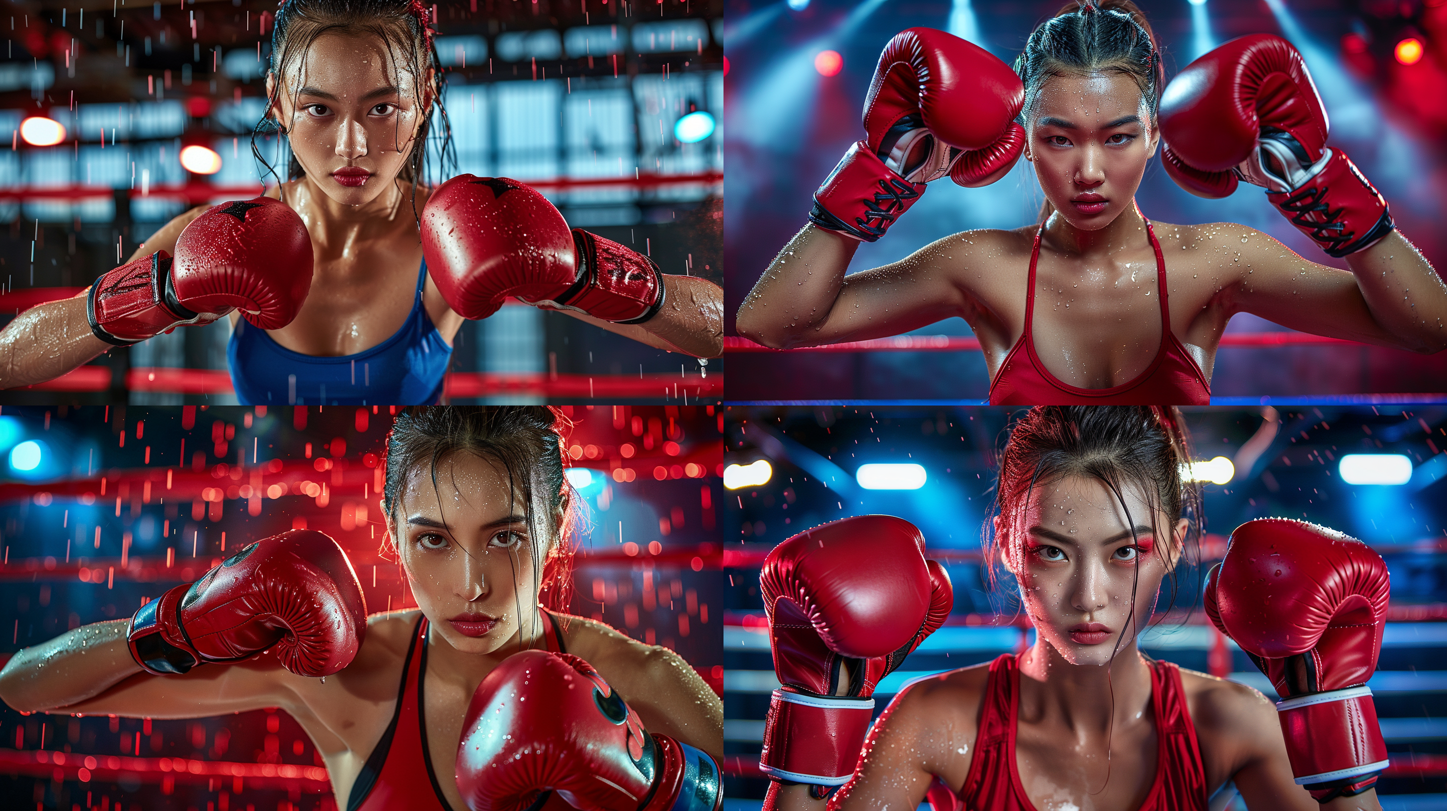 拳击女，红色氛围，正面特写，汗珠，紧握拳套，眼神坚定，红色灯光，暗调背景，高光对比，动感模糊，肌肉线条，战斗姿态。
