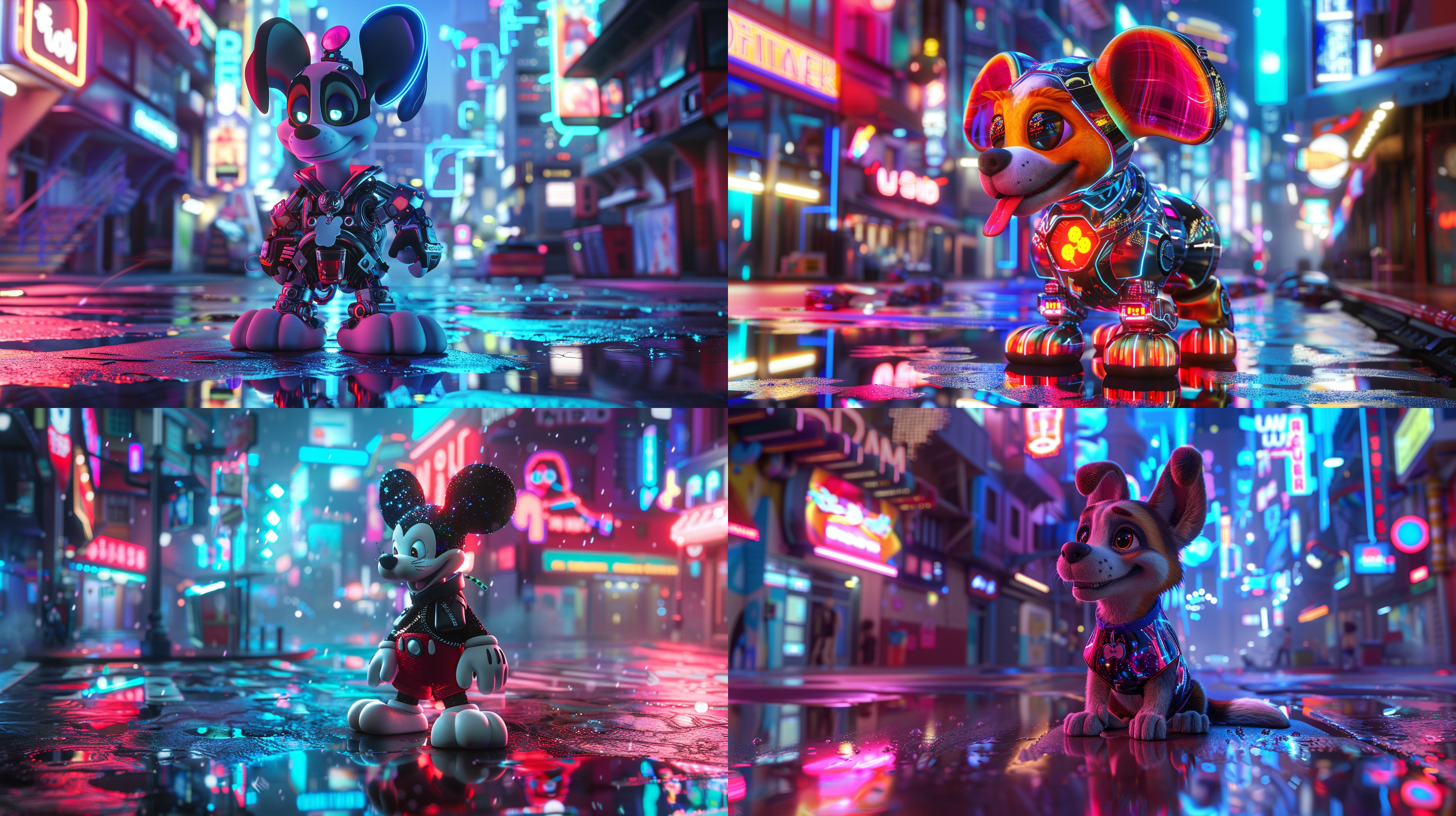 一只穿着全息赛博朋克服装的卡通风格迪士尼狗，周围环绕着霓虹灯照亮的城市景观反射，vray渲染，光线追踪，次表面散射，明亮的色彩，动态光影，科技感，梦幻氛围。
