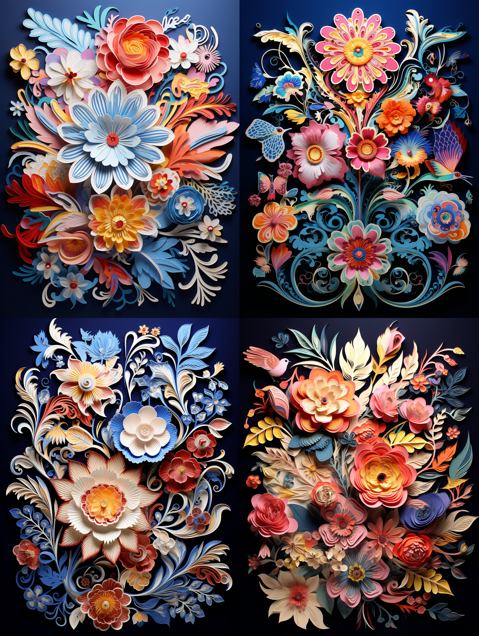 多维剪纸工艺，纸质插画，中国十二生肖，花卉元素，华丽装饰，彩色香草油风格，对称构图，细腻线条，鲜艳色彩，平滑光影，透视效果，传统与现代结合，静态动态交融，文化传承，艺术美感。