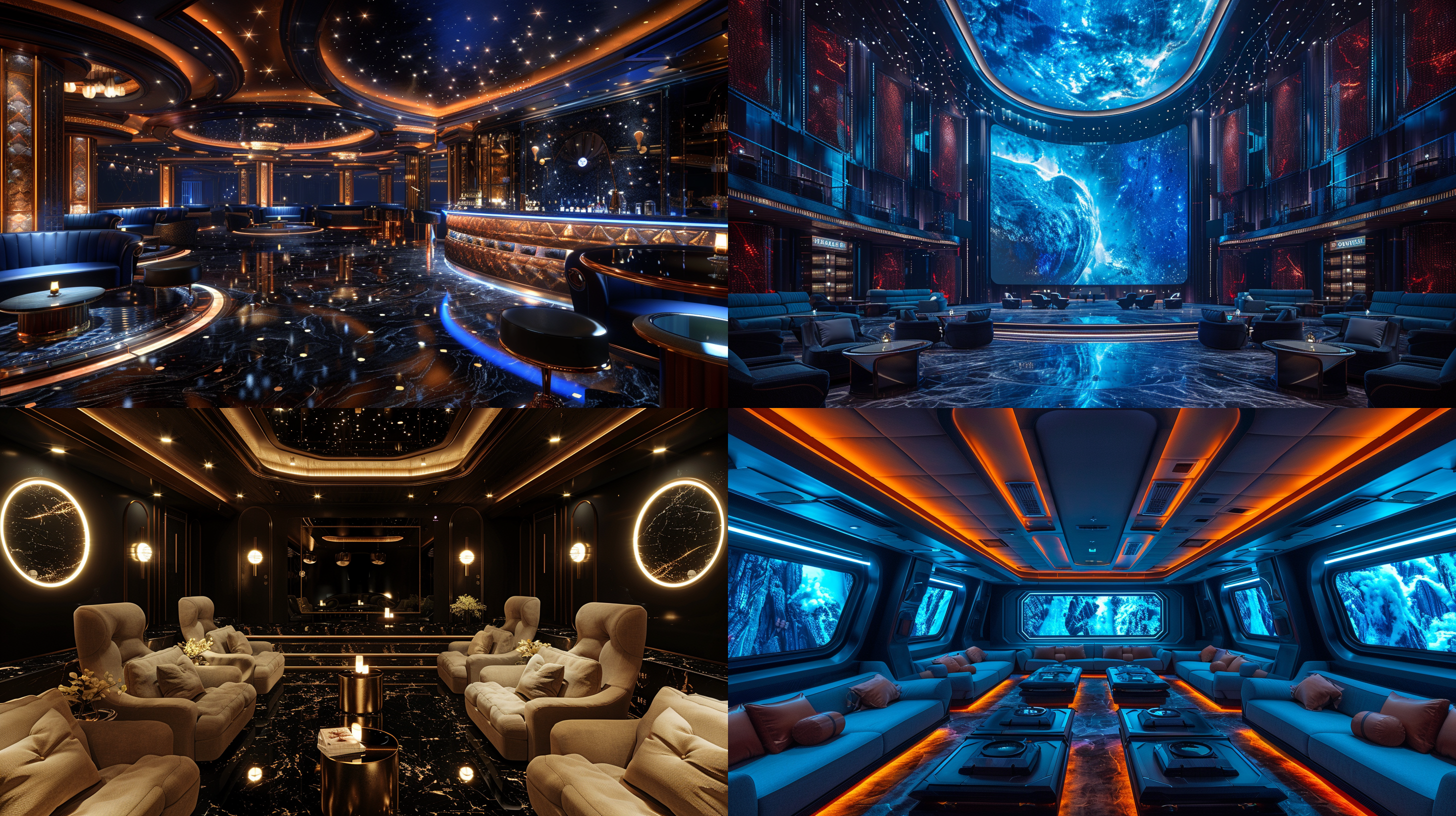 私人ktv包间内，设计感沙发茶几与单椅两侧分布，奢华大理石地面，明亮柔和光线，墙面吊顶个性造型，室内灯光营造高级氛围，广角镜头捕捉细节，高清画质，明亮色调，未来感设计，个性空间。