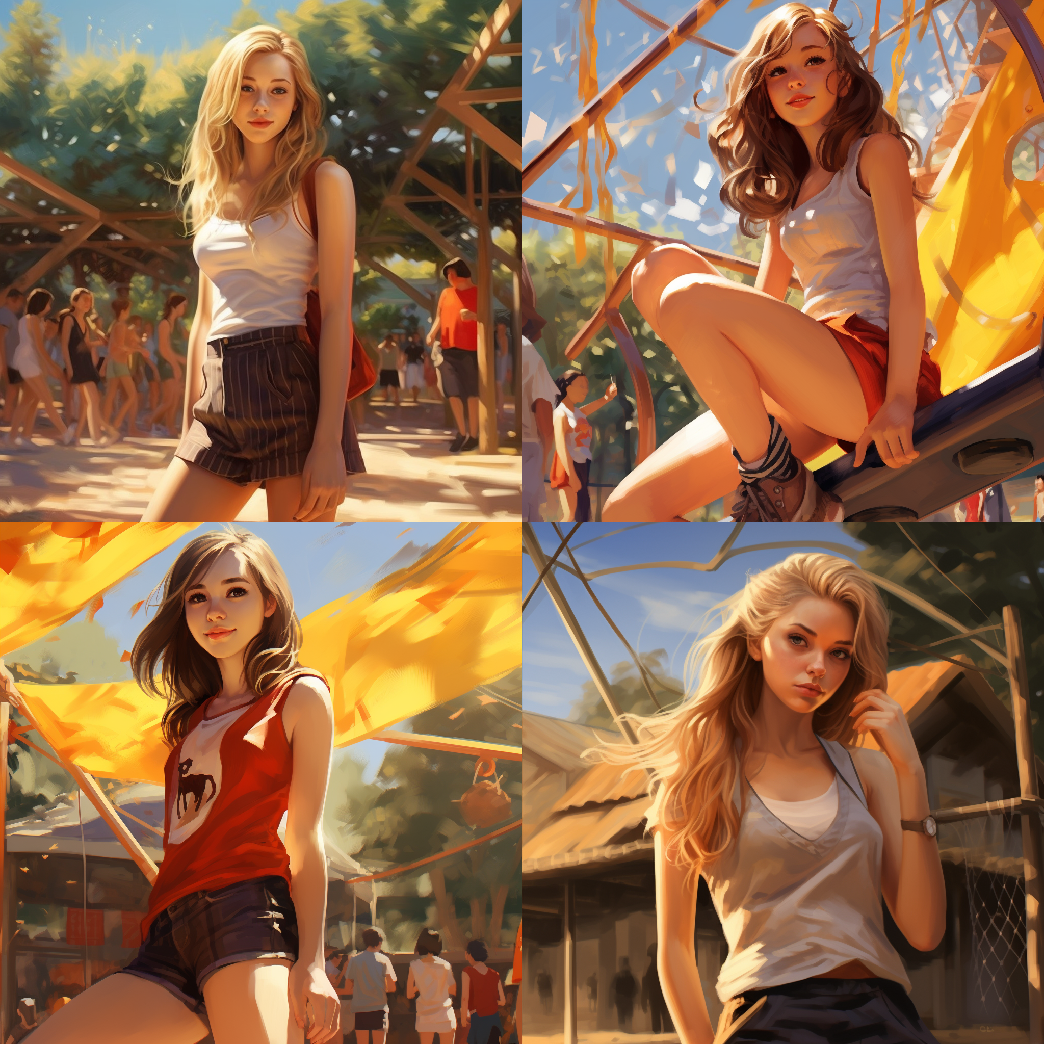 在操场，一个穿超短裤的女大学生，笑容甜美，阳光温馨