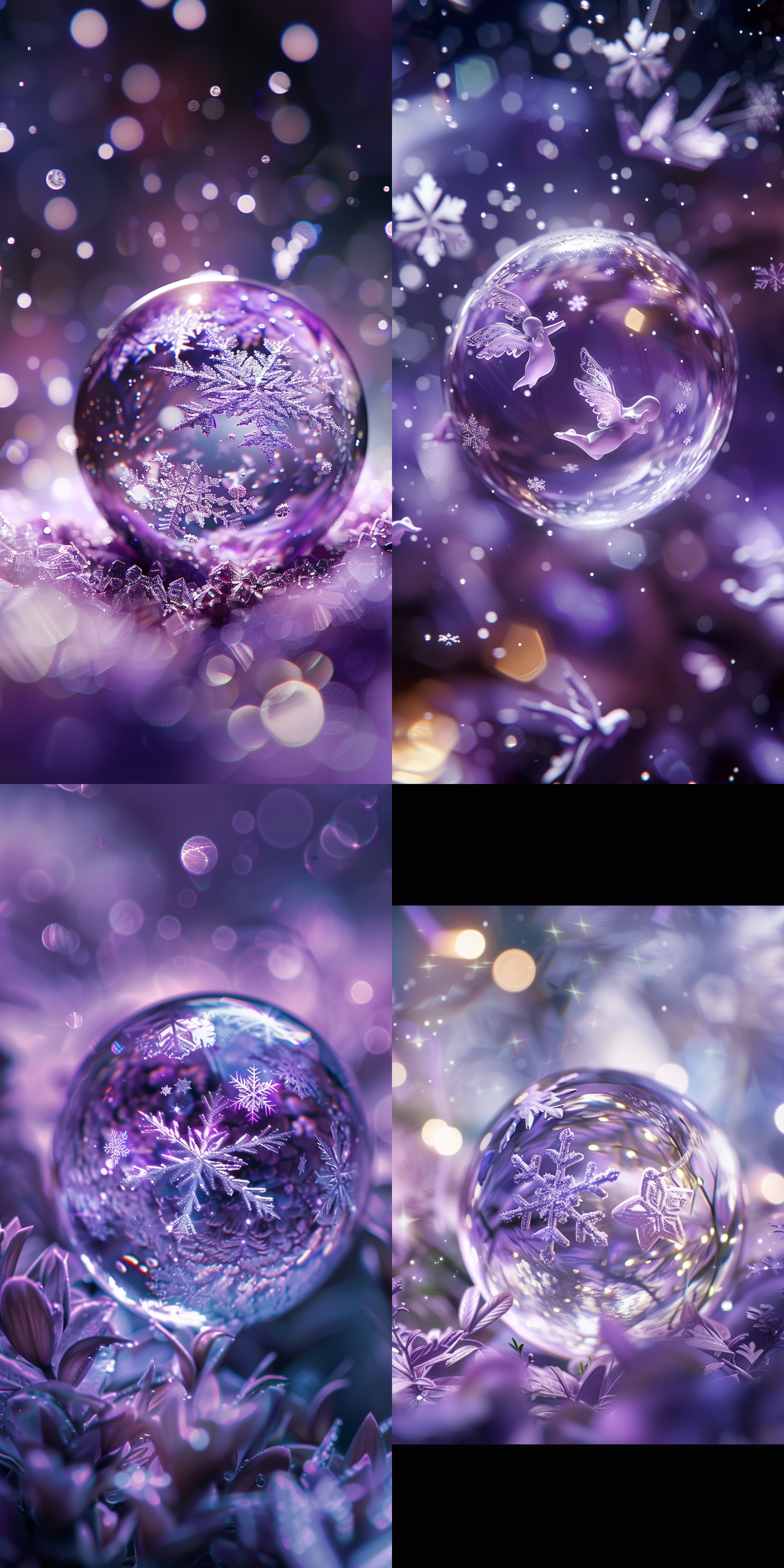 紫色水晶球内小天使雪花飘动，动态渲染，色彩渐变，光影交错，神秘感，细节丰富，柔和光，微距镜头，冷色调，静谧，精致。