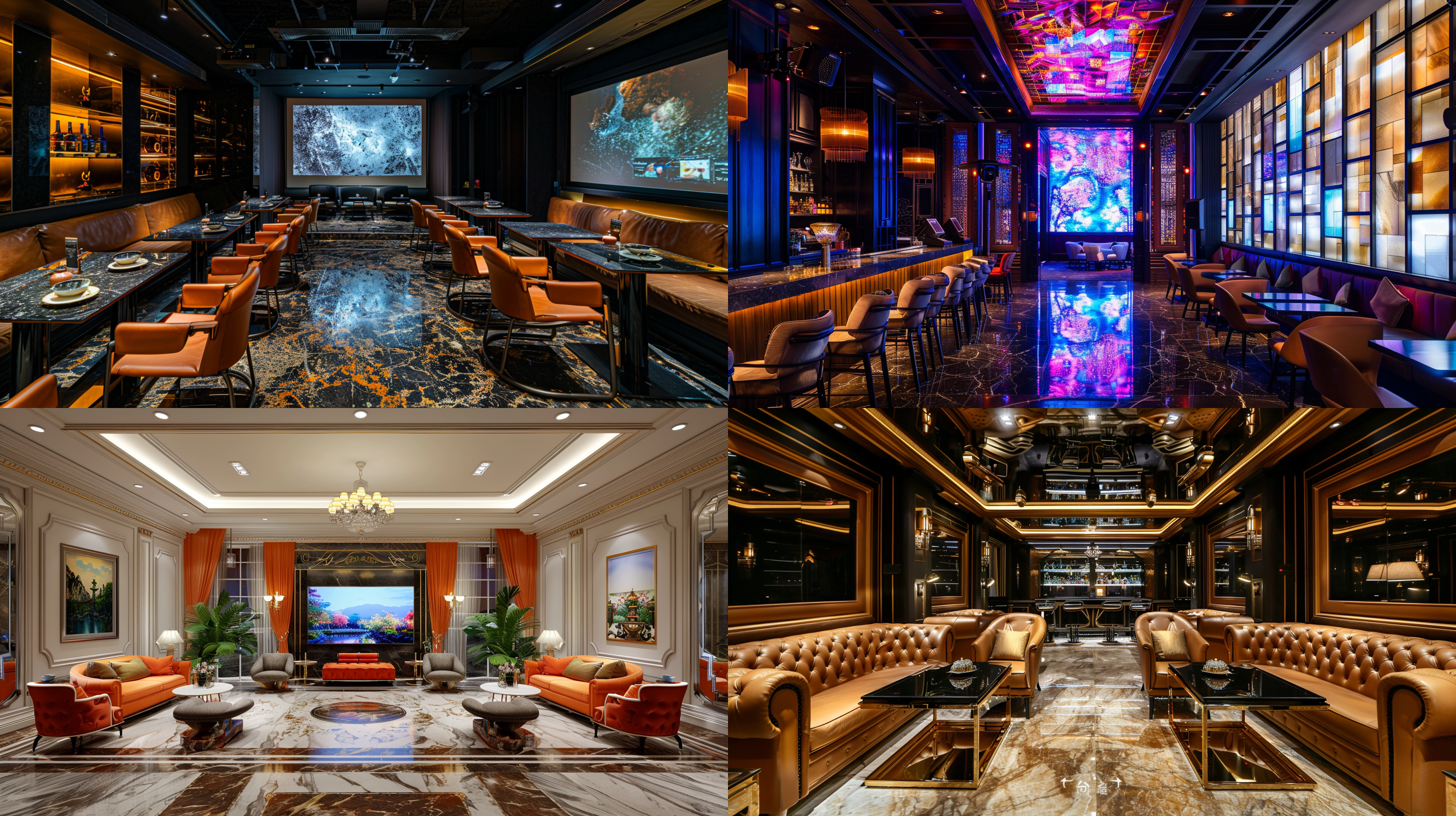 封闭式ktv包间，高级氛围，10平方米小空间，明亮环境，沙发茶几与单椅分列两侧，大理石地面，画面明亮柔和，墙面吊顶设计感强，led屏无窗，室内灯光，正打广角镜头，对称构图，细节清晰，高清画质。