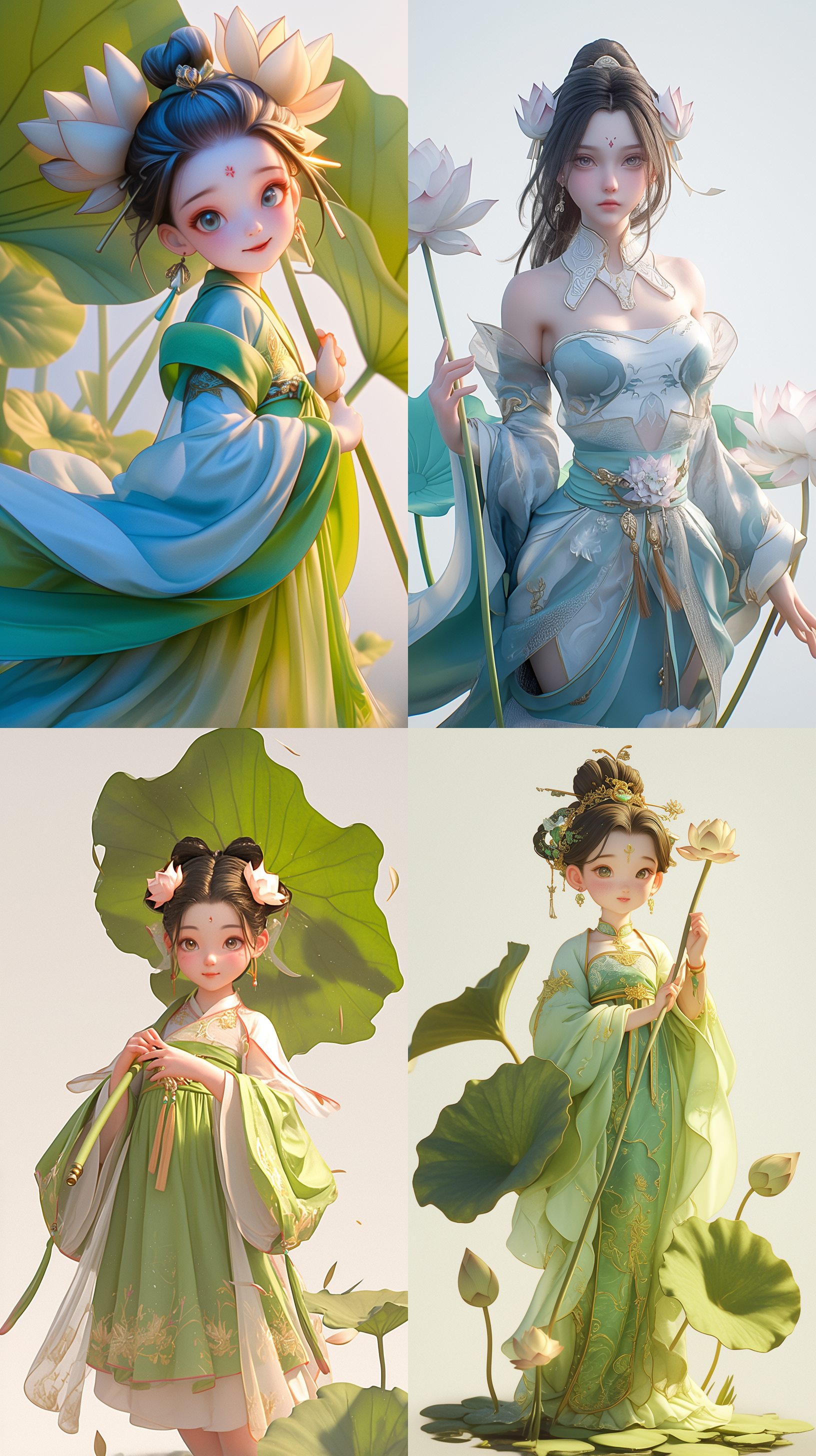 q版卡通ip少女，3d模型，中国汉服，白色背景，明亮色调，细节丰富，荷花，荷叶，莲蓬，装饰元素，充满活力，完整展示，夏季元素。 卡通风格，高清晰度，正面构图，鲜艳色彩，逼真质感，镜头聚焦，柔和光线，微笑表情，生动活泼，荷叶状服饰，童趣。