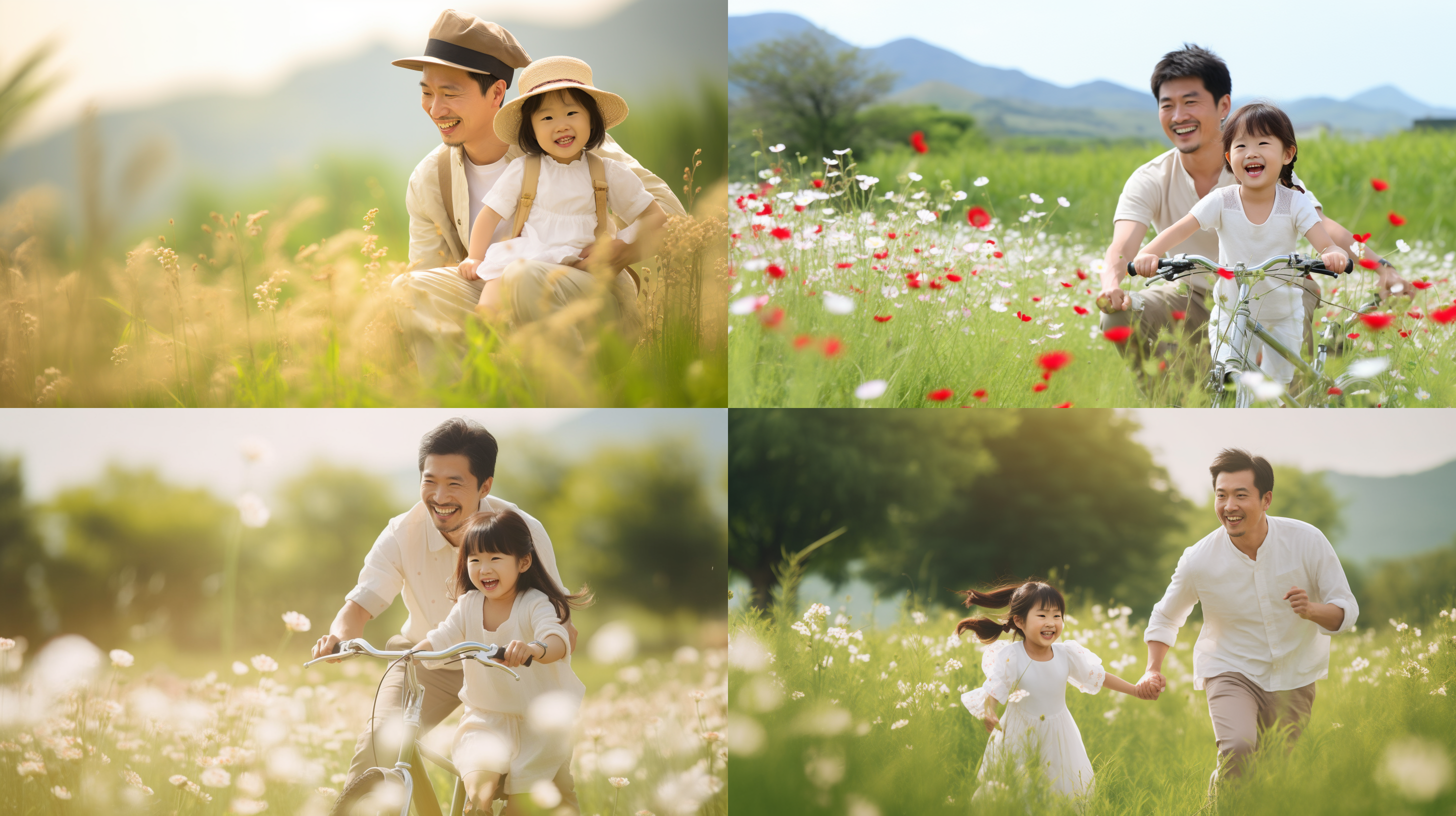 亚洲父女在开满格桑花的草原上的欢乐时光，爸爸身穿白色t恤亚麻色衬衫和亚麻色裤子，头戴红色五角星的白色棒球帽，小女孩身穿唐代风格汉服，小女孩骑着自行车，爸爸搀扶着，笑容四溢，细节精致，背景简单，色彩温暖丰富，户外阳光充足，灯光柔和，特写和长镜头相结合，高细节和高质量，oc渲染，3d渲染，8k分辨率。 少年派 超广角