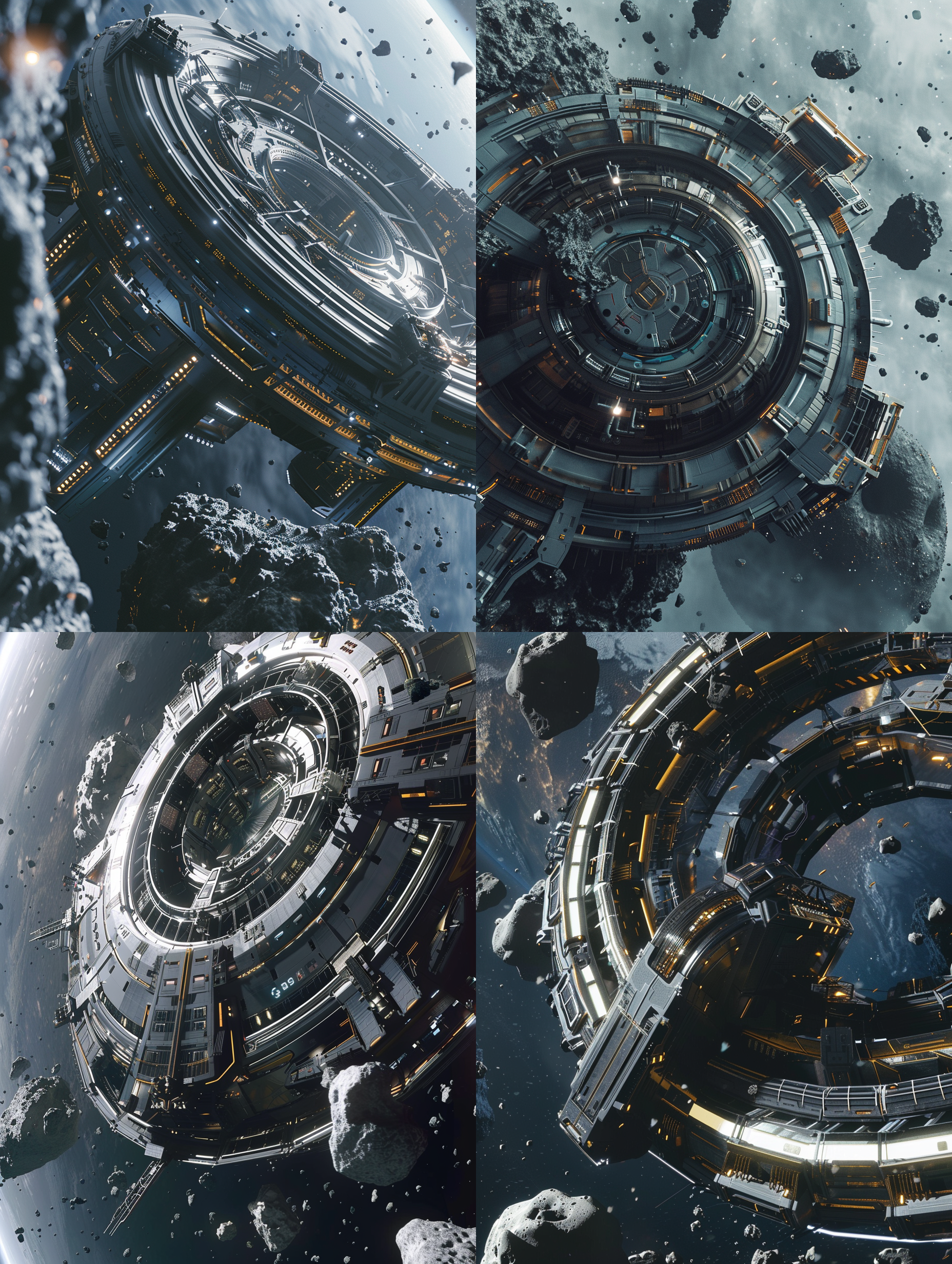 a cinematic shot of the exterior of an enormous circular space station orbiting an asteroid, with a dark grey metal exterior featuring white and gold accents. an overhead view shows large glass windows, with debris from smaller rocks floating around it and volumetric lighting giving a hyper realistic style