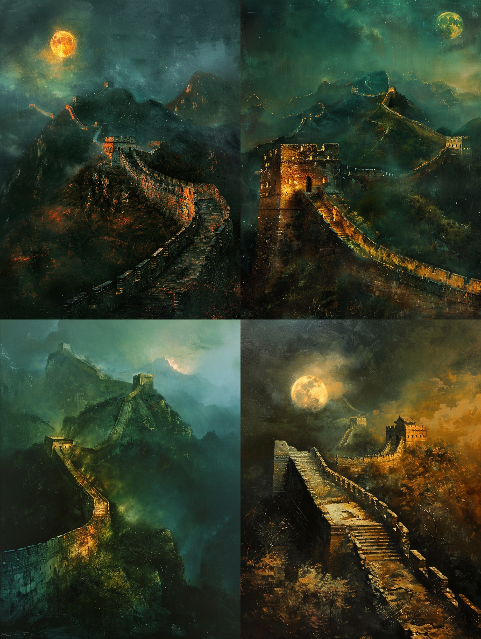 famous artwork by (maurice sapiro:1.4), the great wall of china, at night, moonlight, quaint, picturesque, serene, ultra detailed, 8k,