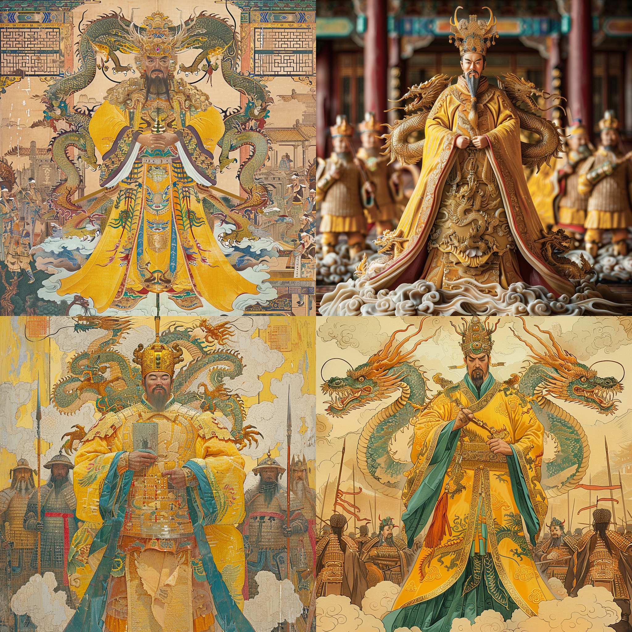 明朝帝王, 头戴龙头冠, 明黄色龙袍, 带五爪金龙, 皇宫殿宇背景, 带玉如意, 祥云脚下, 侍卫环绕, 铠甲长枪, 龙纹浮雕, 庄严肃穆, 皇室风格, 明黄色调, 光照强度高, 庄严构图