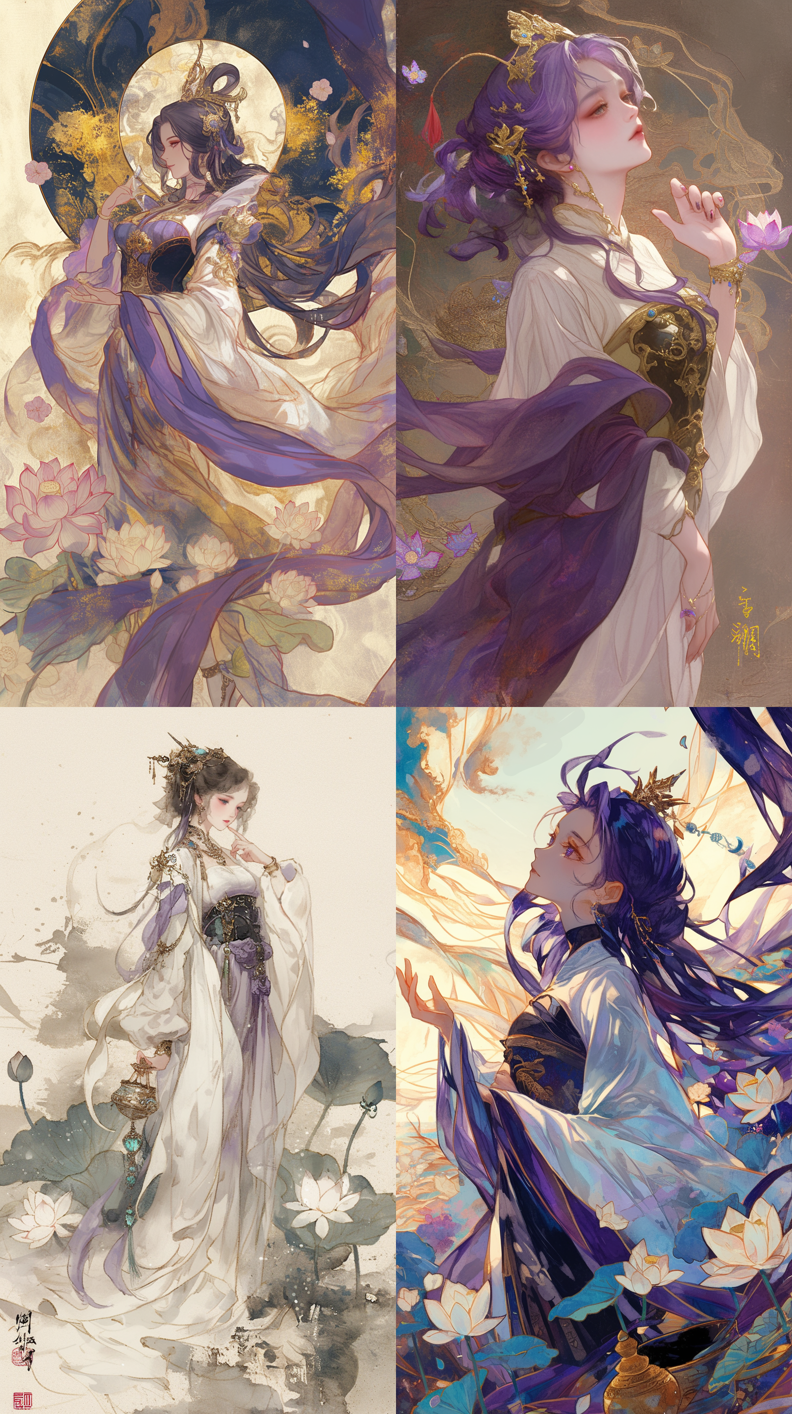 少女，紫发晶瞳，(国画风)，高清细节，(9k分辨率)，侧面视图，绝美容颜，古典气质，独步天下，紫衣飘渺，宽袖流苏，束腰锦带，(玉如意)，(凤冠)，神秘微笑，手持药鼎，(水墨背景)，云雾缭绕，古韵华贵，紫金高跟，足踏莲花，薄纱袜，翡翠镯，(月白长裙)，(轻纱披肩)，曼妙身姿，望天沉思，仙气萦绕，(丹青笔触)。