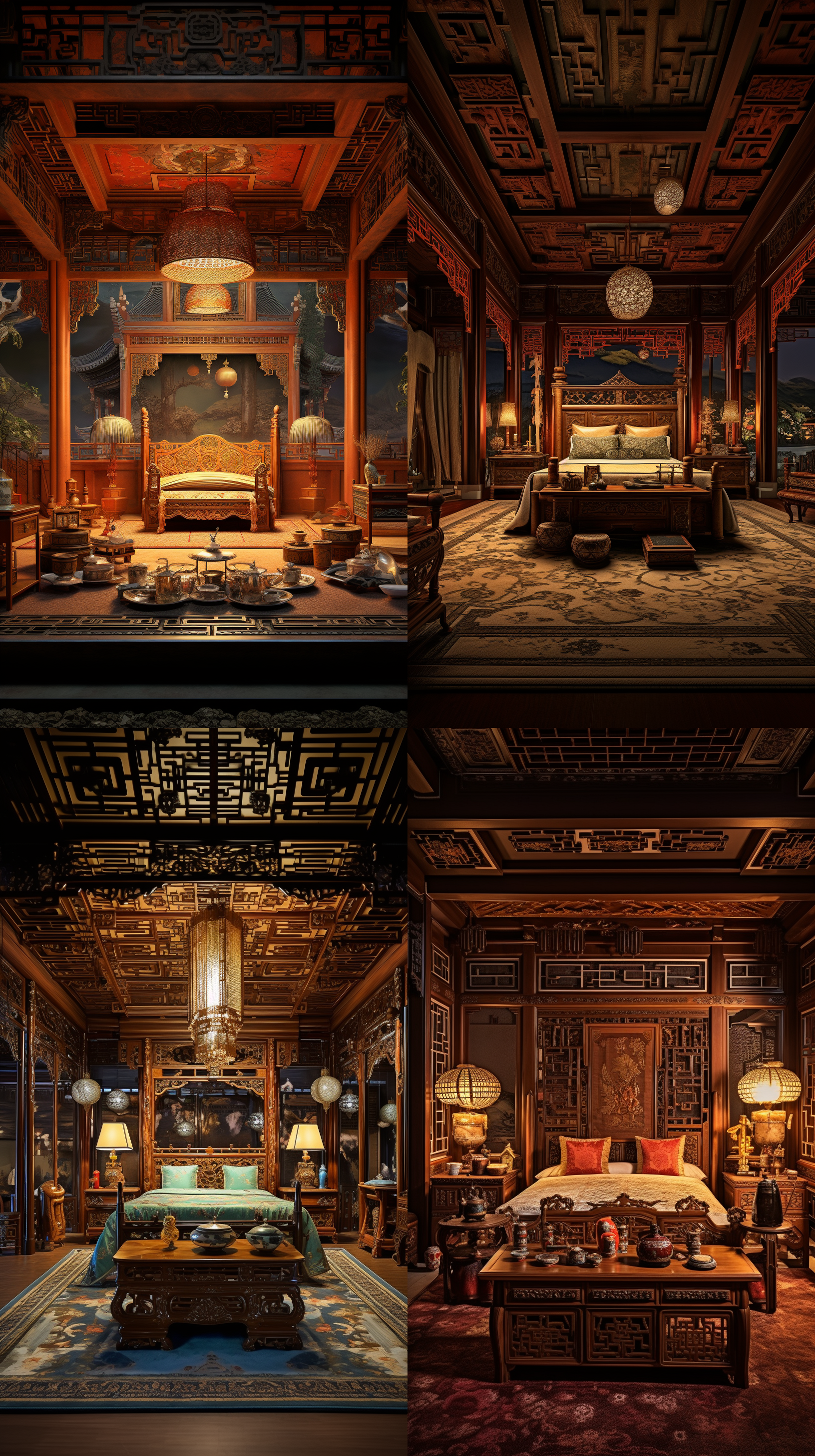 唐朝宫廷卧室, 雕花木床, 床单被褥龙凤花卉纹样, 华丽床头纱幔, 唐朝风格壁画, 香炉熏香, 宫灯烛台柔和光线, 华丽地毯, 小桌子瓷器茶具首饰盒, 侍女守护, 唐朝宫殿庭院景色月光