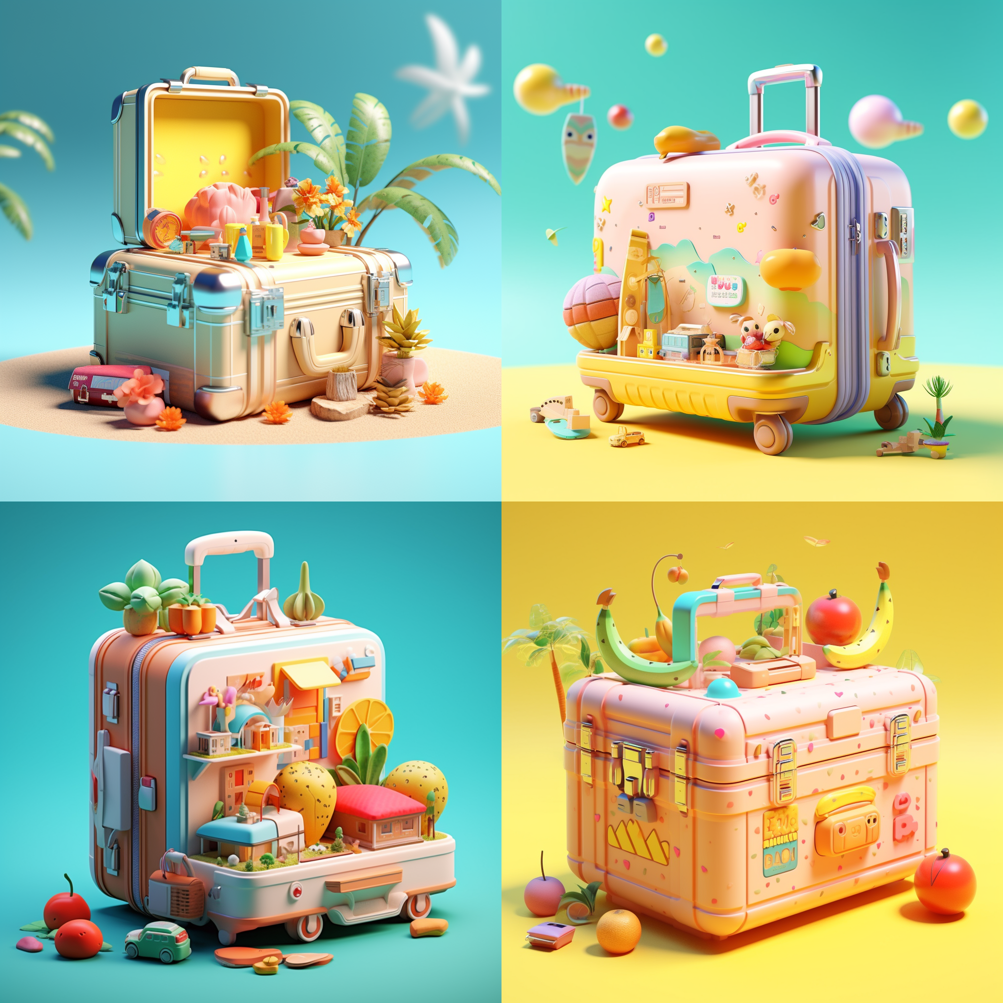 盲盒风格，泡泡玛特，夏季场景，3d，波音787，连接性，可爱个性，旅行广告，游牧，c4d，16k，高细节，多色炫彩背景，工作室照明，明亮色彩，微笑表情，轻便行李，阳光照射，动态捕捉。