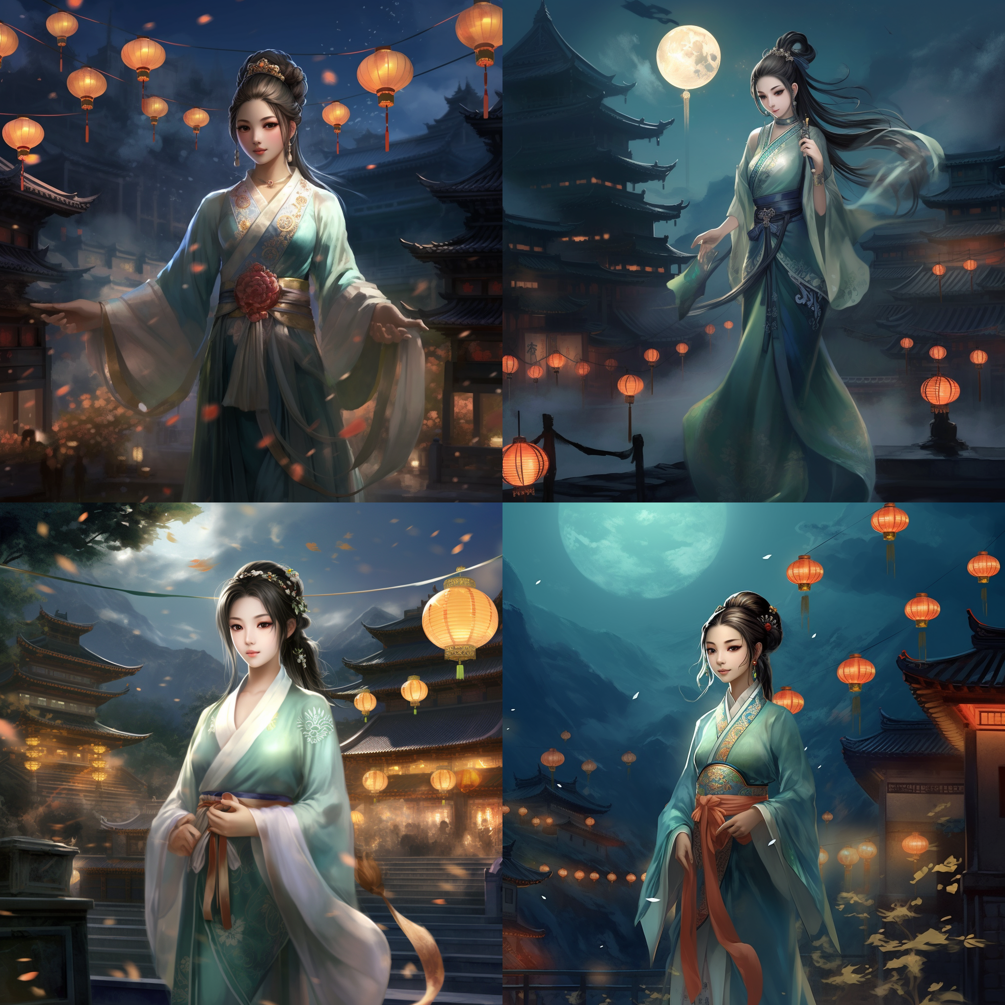 嫦娥，皮肤白皙，浓眉大眼，五官精致，汉服飘逸，苗条身姿，古建筑背景，灯笼空中飘舞，游戏cg风格，超高清4k，细腻纹理，柔和光线，梦幻色彩，优雅姿态。