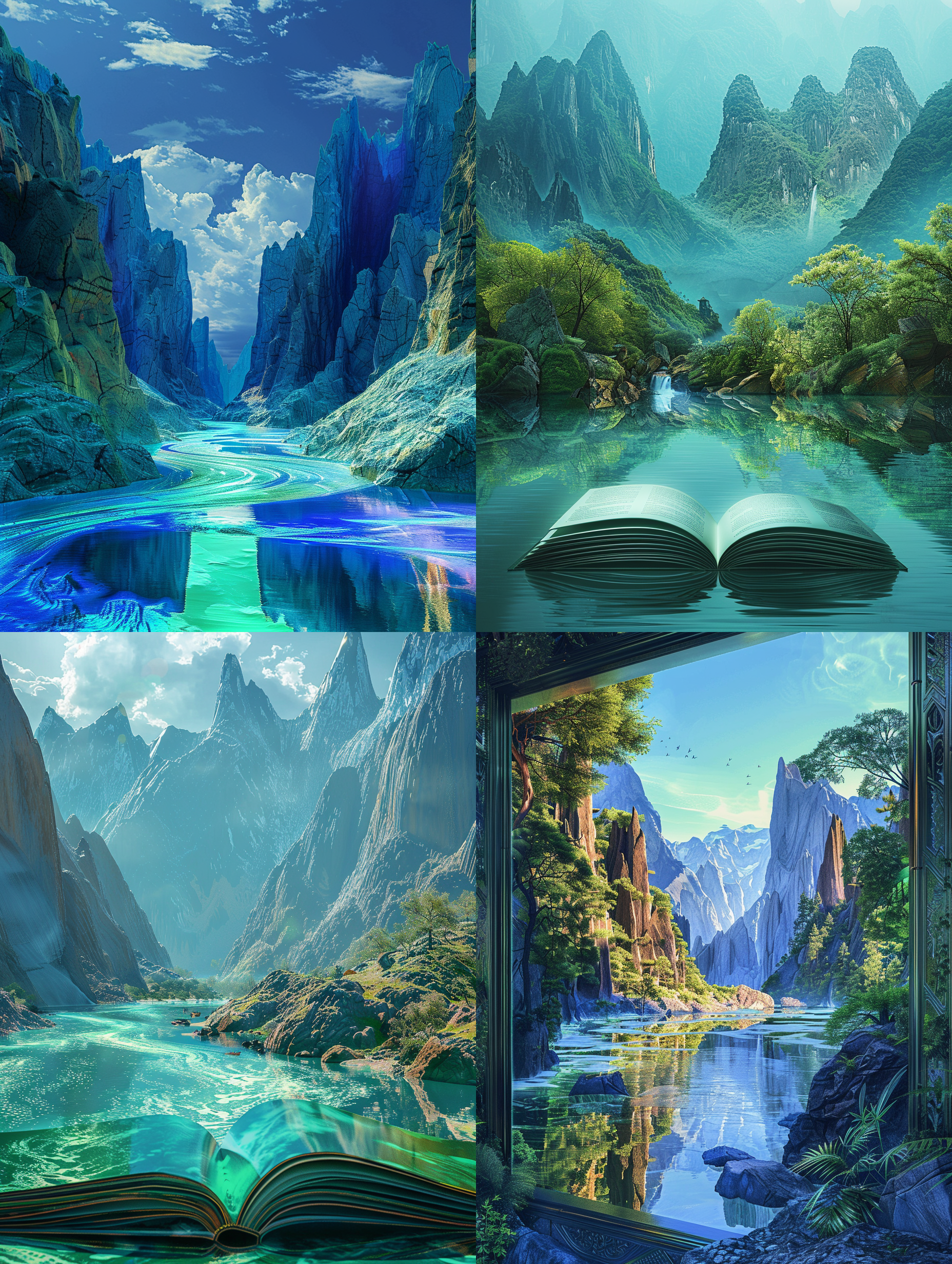 3d stereoscopic art, open book has stereoscopicchineselandscape painting, river, mountain, booknaturascenery, blue and green color scheme, softlight, 3d art,octane rendering, bright backgroundcolorful,panoramic
