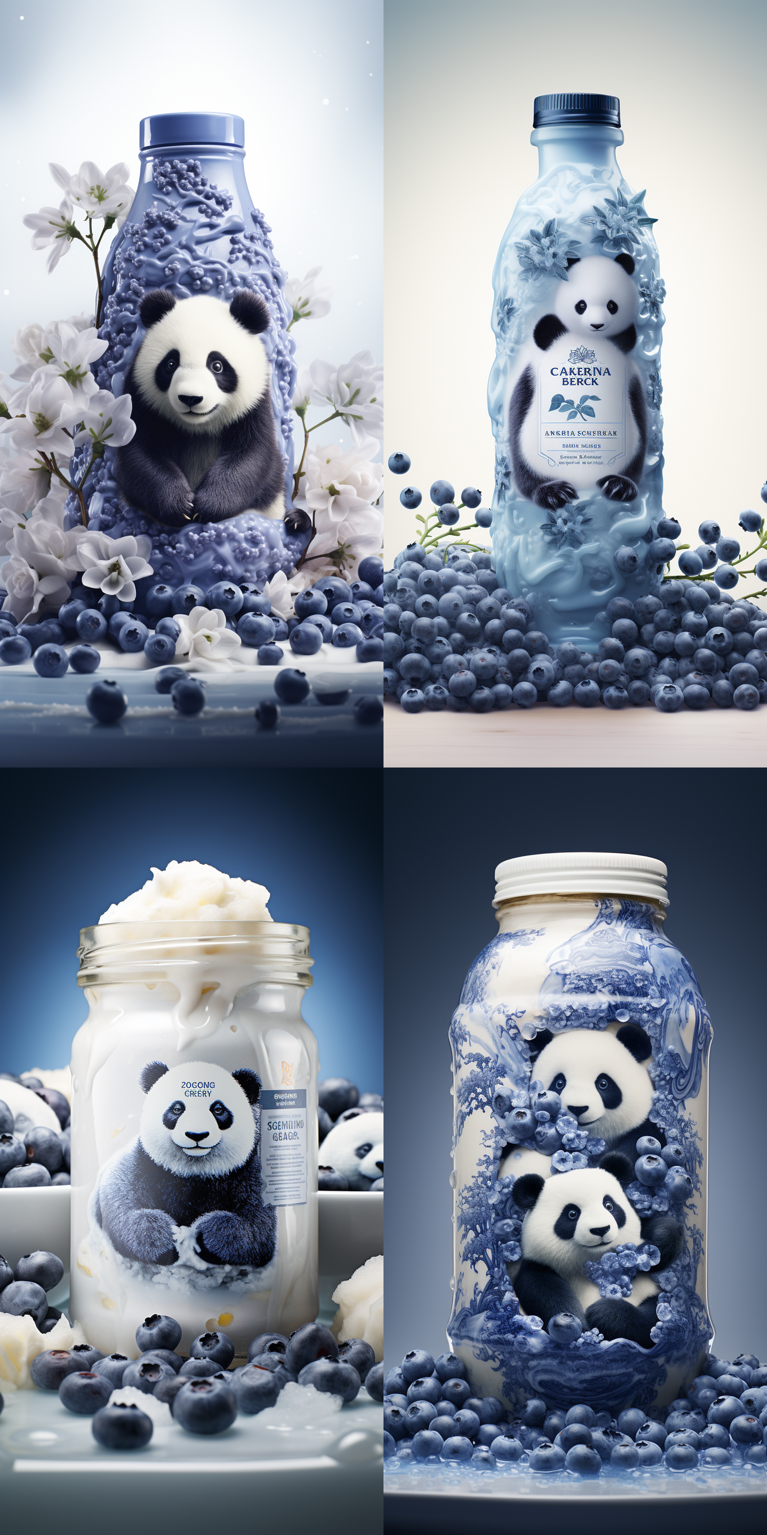 牛奶与蓝莓酱混合成大熊猫，纯白背景，简洁构图，3d渲染，细节逼真，高光，8k分辨率，超高清，想象力丰富，艺术性，快乐感。