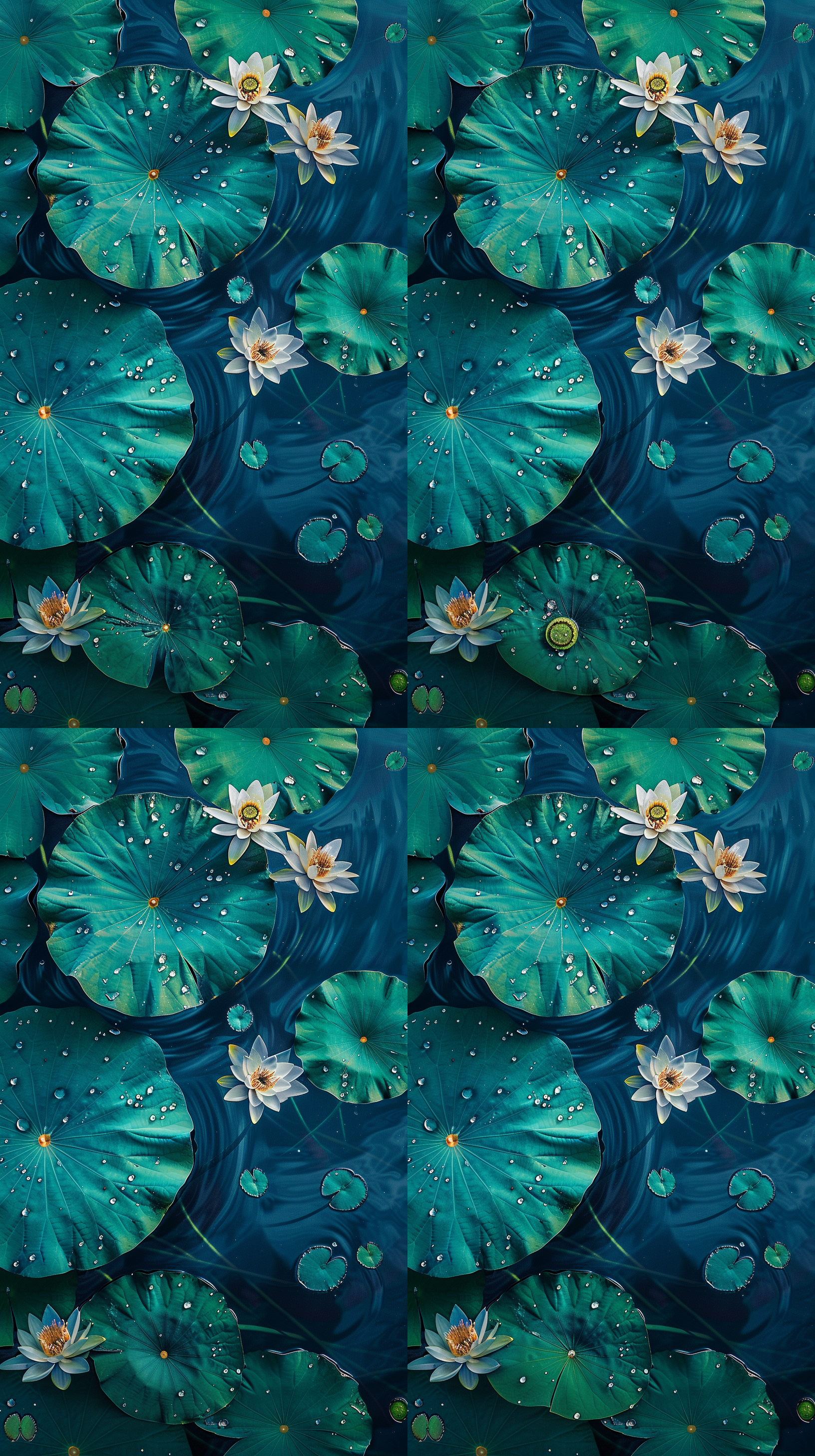水面上漂浮着荷叶，花瓣绽放, 露珠点缀，在靛蓝色的背景下呈现出鲜艳的绿色。这一场景是从上面拍摄的，展示了盛开的大自然。这件艺术品通过光和影的相互作用传达了宁静，夏天，清晰，干净的图像，清晰的图像，明亮的光线，丰富的细节，高清晰度，震撼的场景，大场景，宽视野，3d仙侠游戏风格，