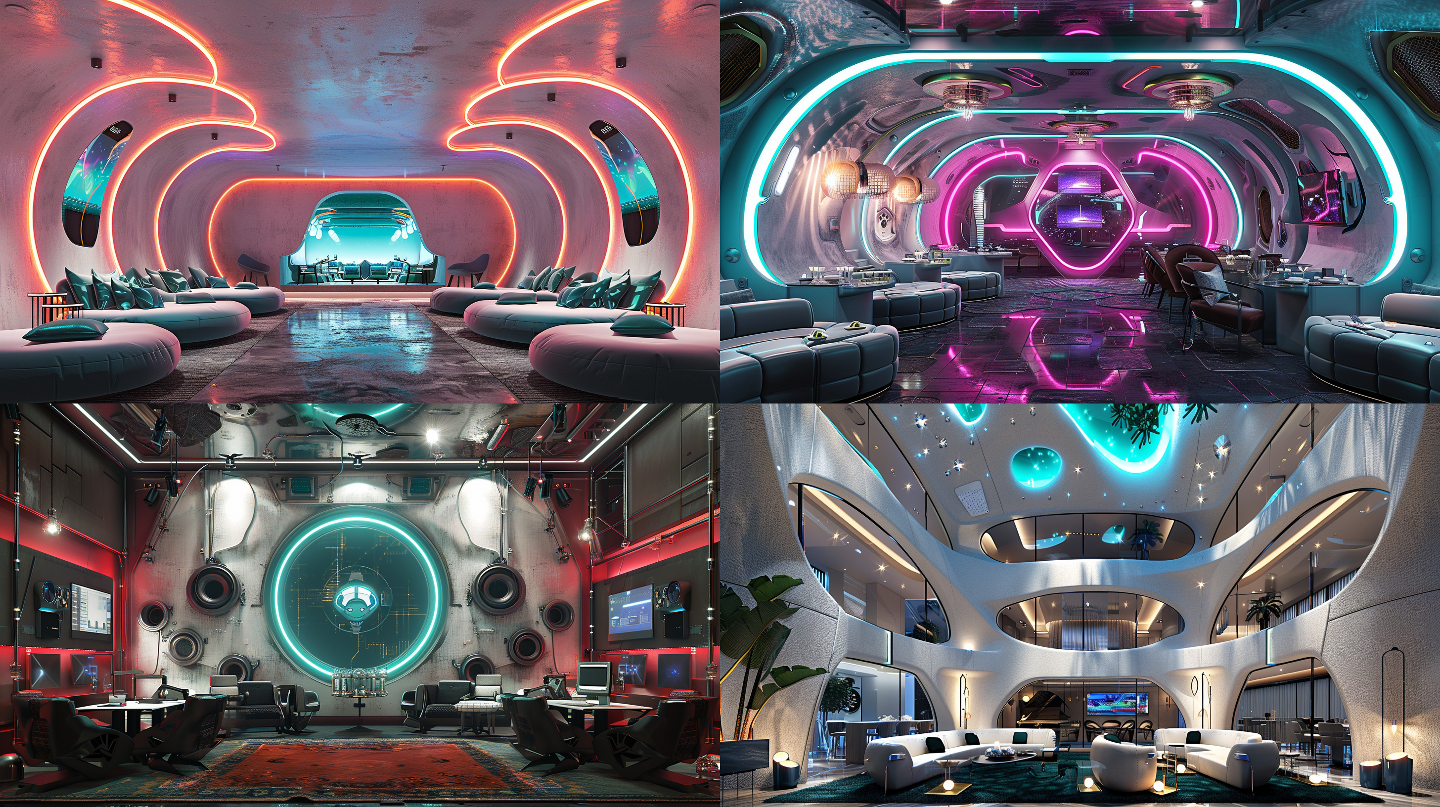 没有窗户的包房，未来主义，赛博朋克风，灯光璀璨，设计感家具，夸张的吊顶造型和墙面造型，高兴细节，正打广角，冷暖光对比，金属质感，科技感，动态模糊，高饱和色彩，兴奋情绪。