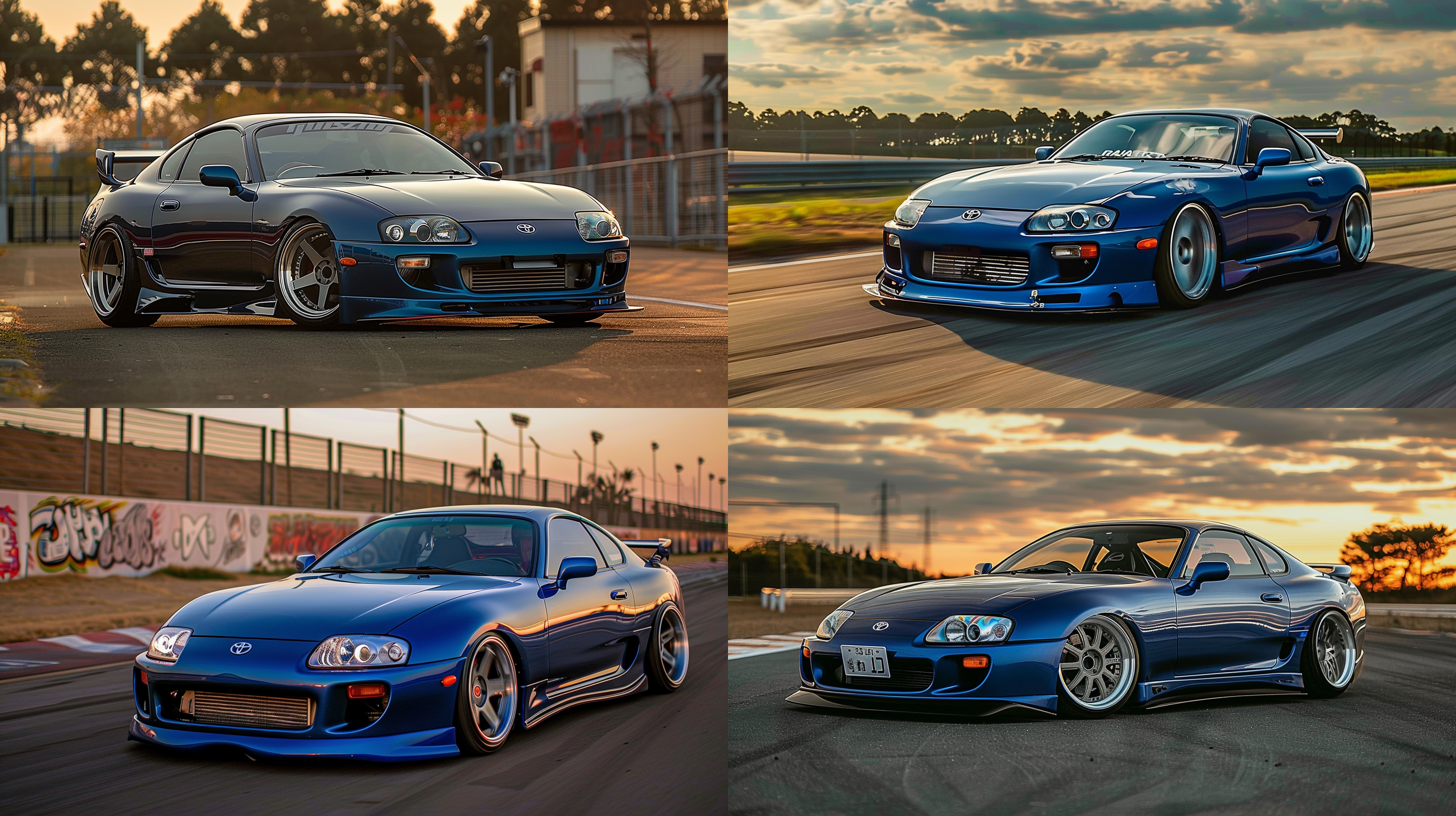 丰田jdm改装车，蓝色，低角度拍摄，赛车场背景，冷色调，长焦镜头，侧逆光，高速快门，动感模糊，自信，速度感。