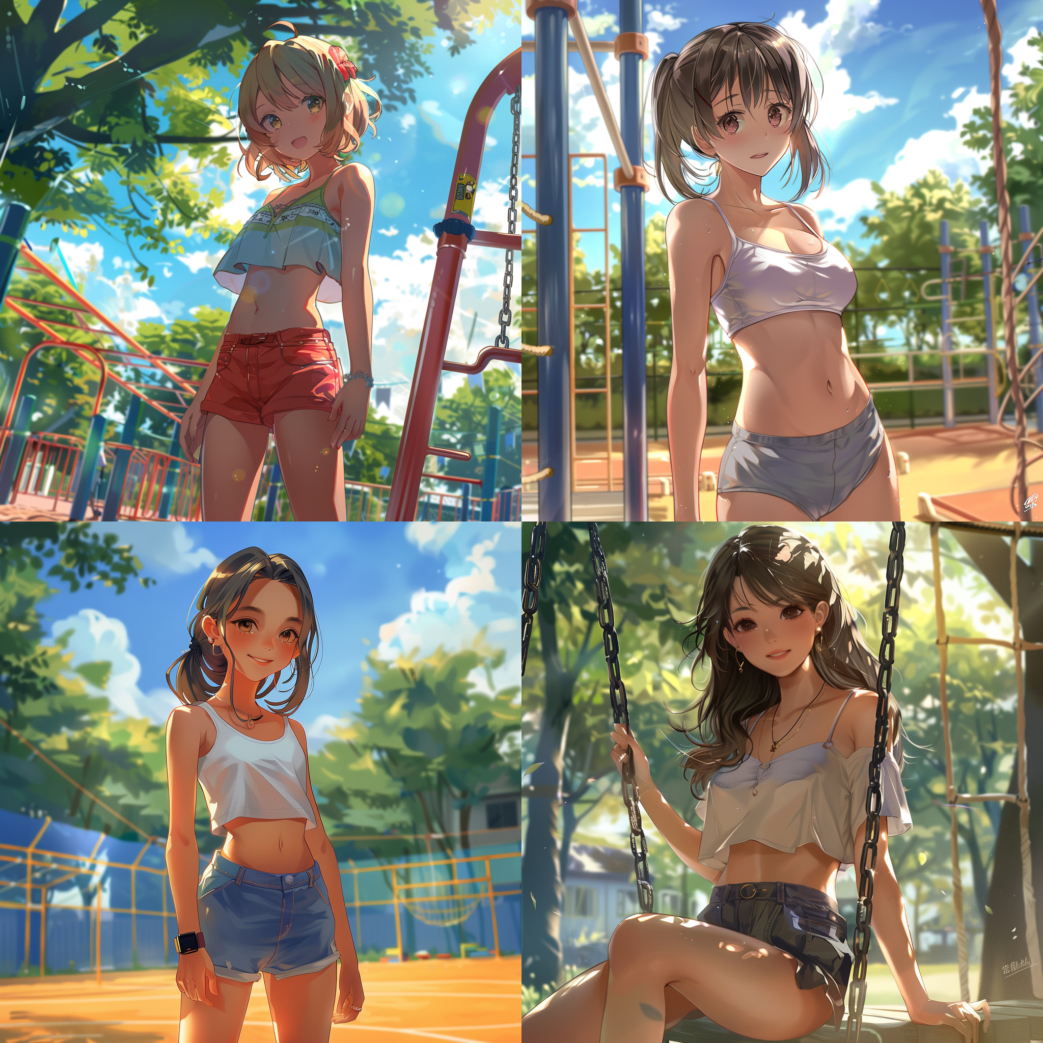 在操场，一个穿超短裤的女大学生，笑容甜美，阳光温馨，有远照，有近照