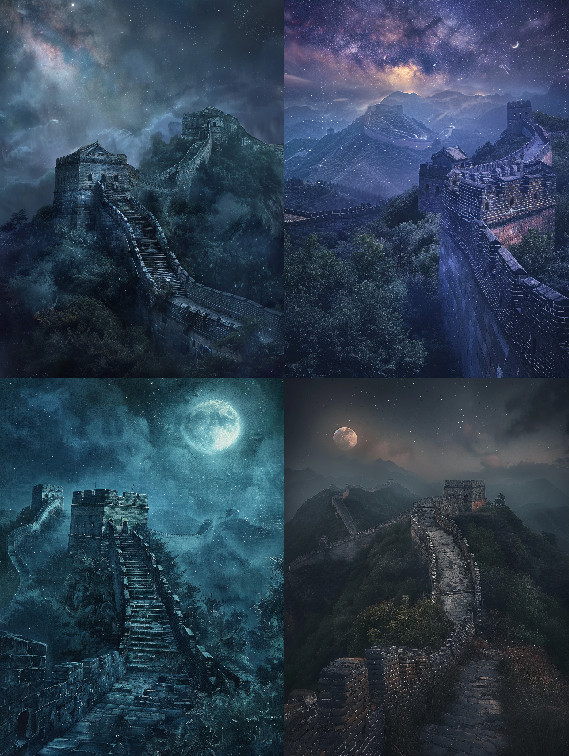 著名艺术家莫里斯·萨皮尔作品，夜幕下的长城，月光洒落，古朴如画，宁静安详，超精细细节，8k分辨率，长曝光，冷色调，广角镜头，远景构图，神秘氛围。