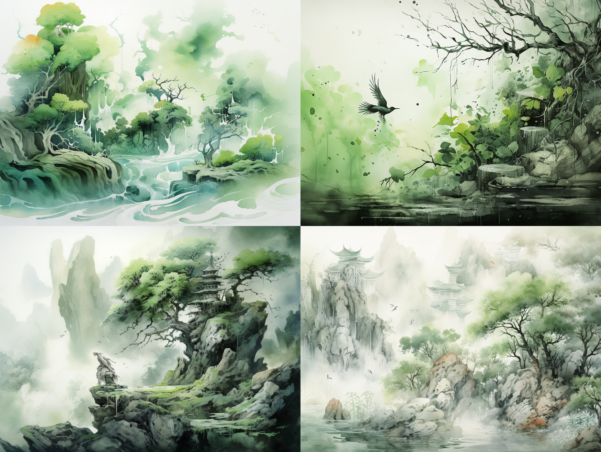 beastie style, long shot perspective, natural green background, porcelain-like surface, bright lighting, chinese cyber elements, traditional ink wash painting brushstrokes, delicate textures, contrast between warm and cool tones, high saturation colors, serene atmosphere.