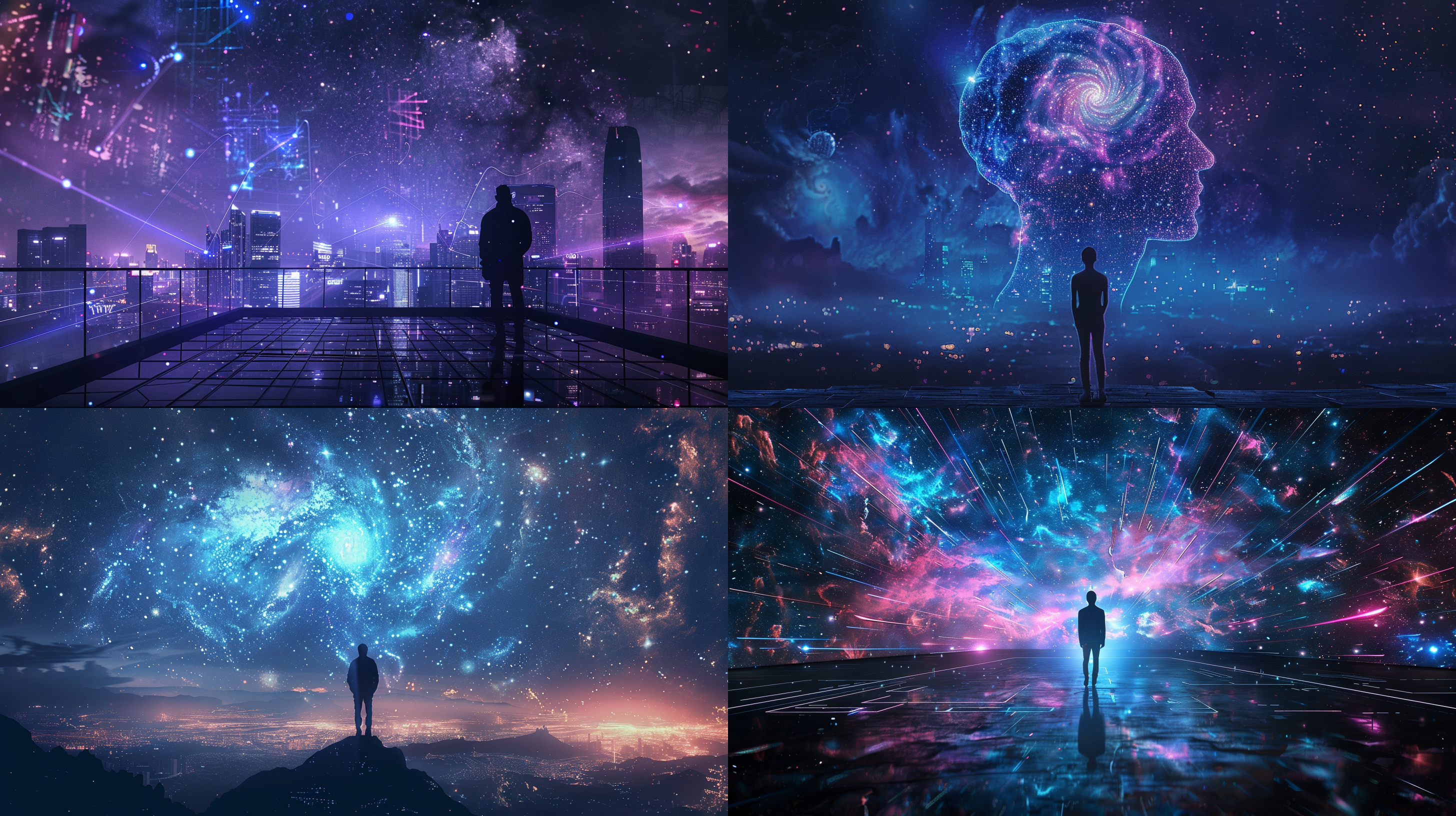 宇宙大脑星系，银河背景，孤独人类，赛博朋克风格，科幻光轨，震撼未来感全景构图，孤独感，深空蓝紫色调，长曝光，星轨，超广角镜头，背光，沉思，未来都市轮廓。