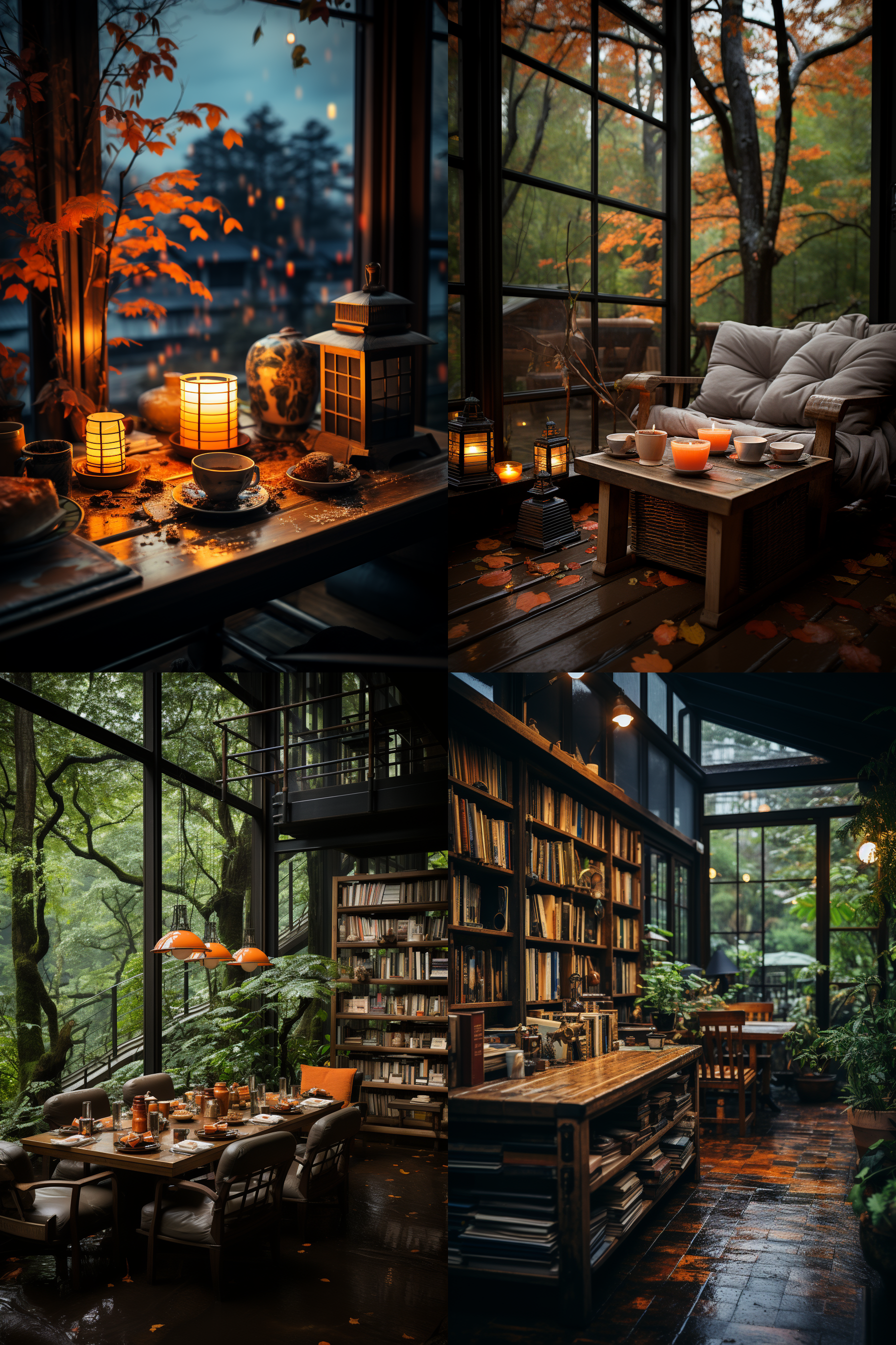 窗外雷雨交加，木屋内温馨情景，落地窗前，橘色暖光，榻榻米上，书本展开，安静阅读，室内暖色调，柔和侧光，慢快门，静谧，治愈系。